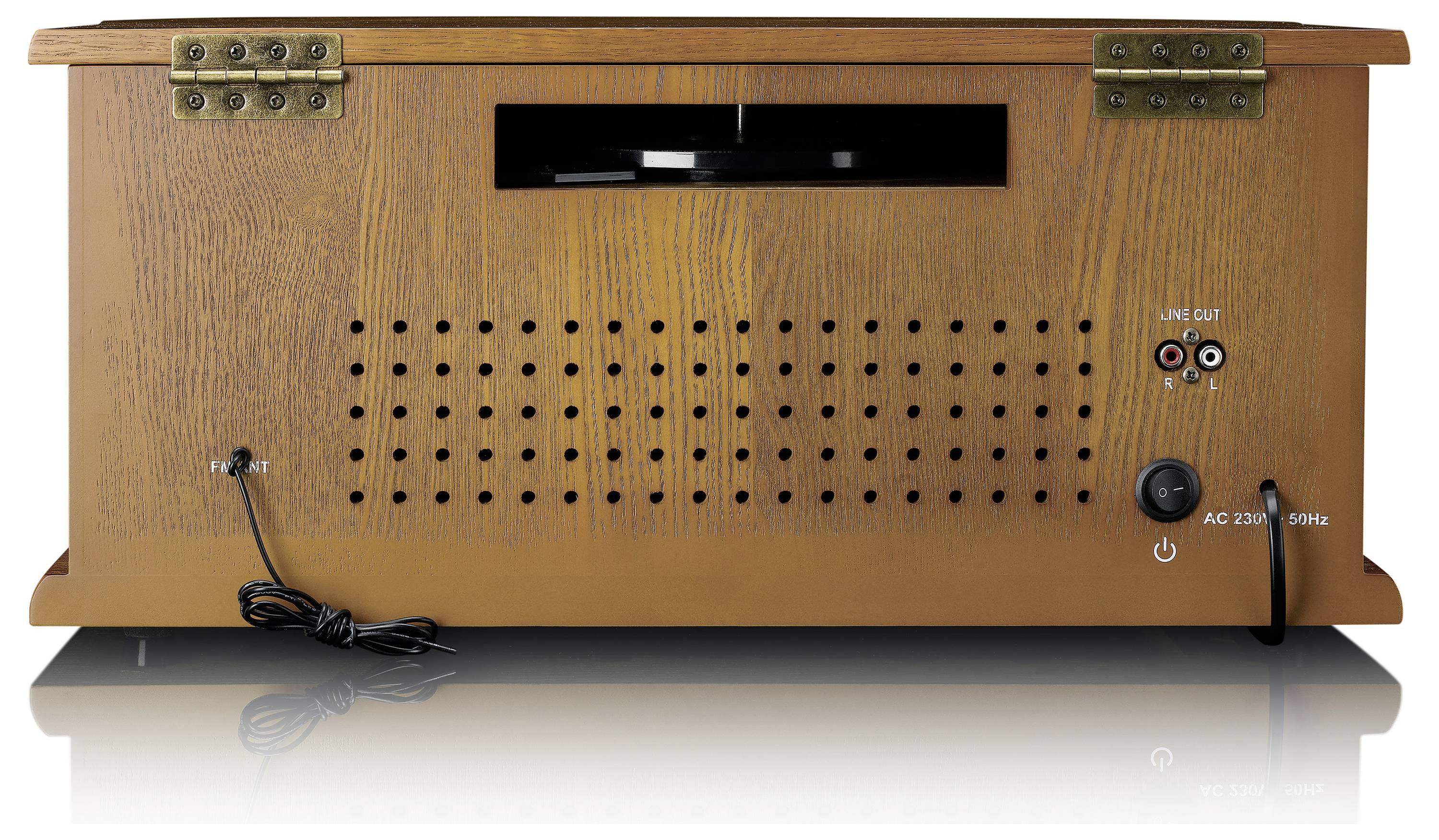Holzplattenspieler-Rückansicht mit Lüftungsgittern, Line-Out-Anschlüssen und Netzkabel.