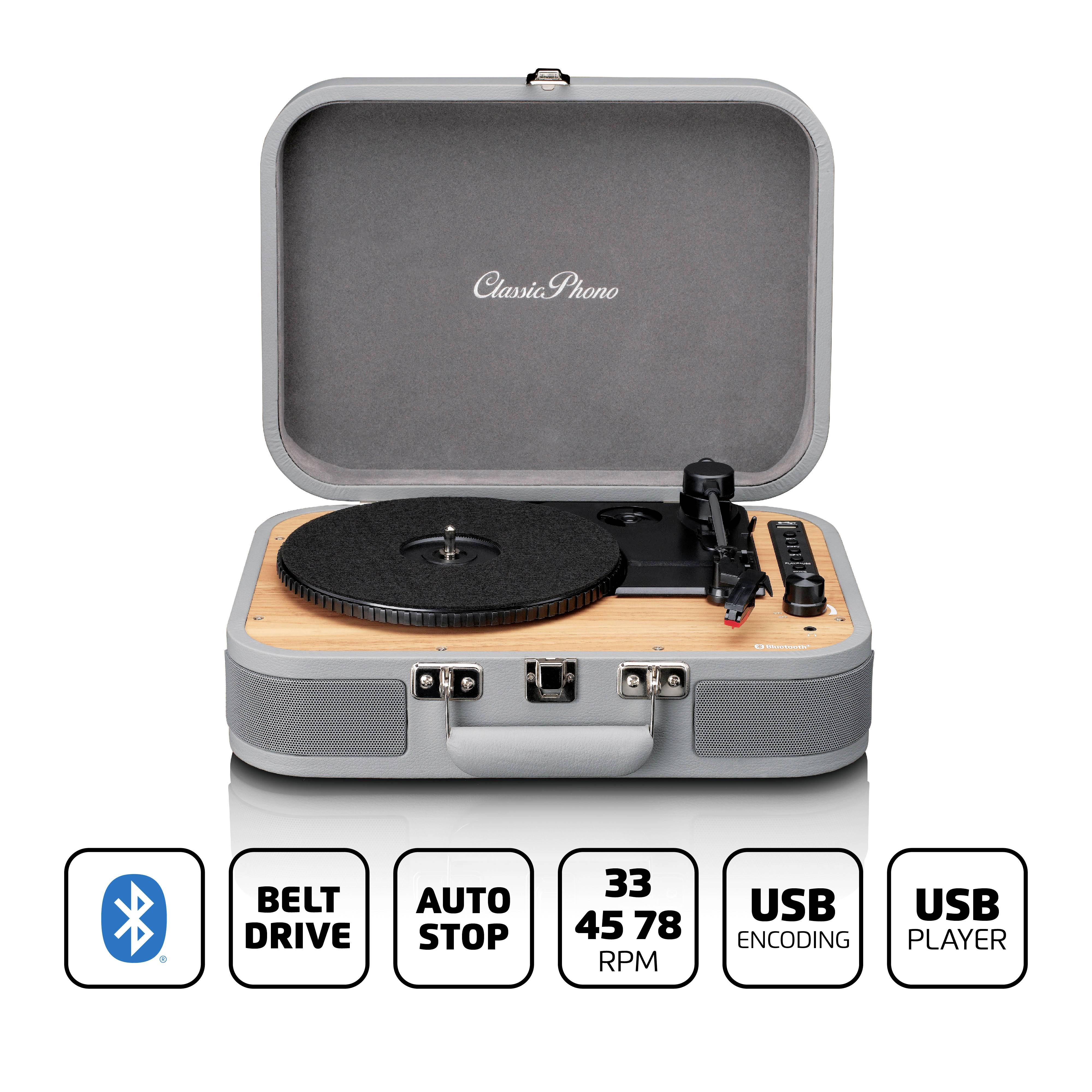 Ein tragbarer Plattenspieler im Kofferdesign, kompatibel mit Bluetooth, Riemenantrieb, Auto-Stopp, USB-Codierung und 33/45/78 RPM.