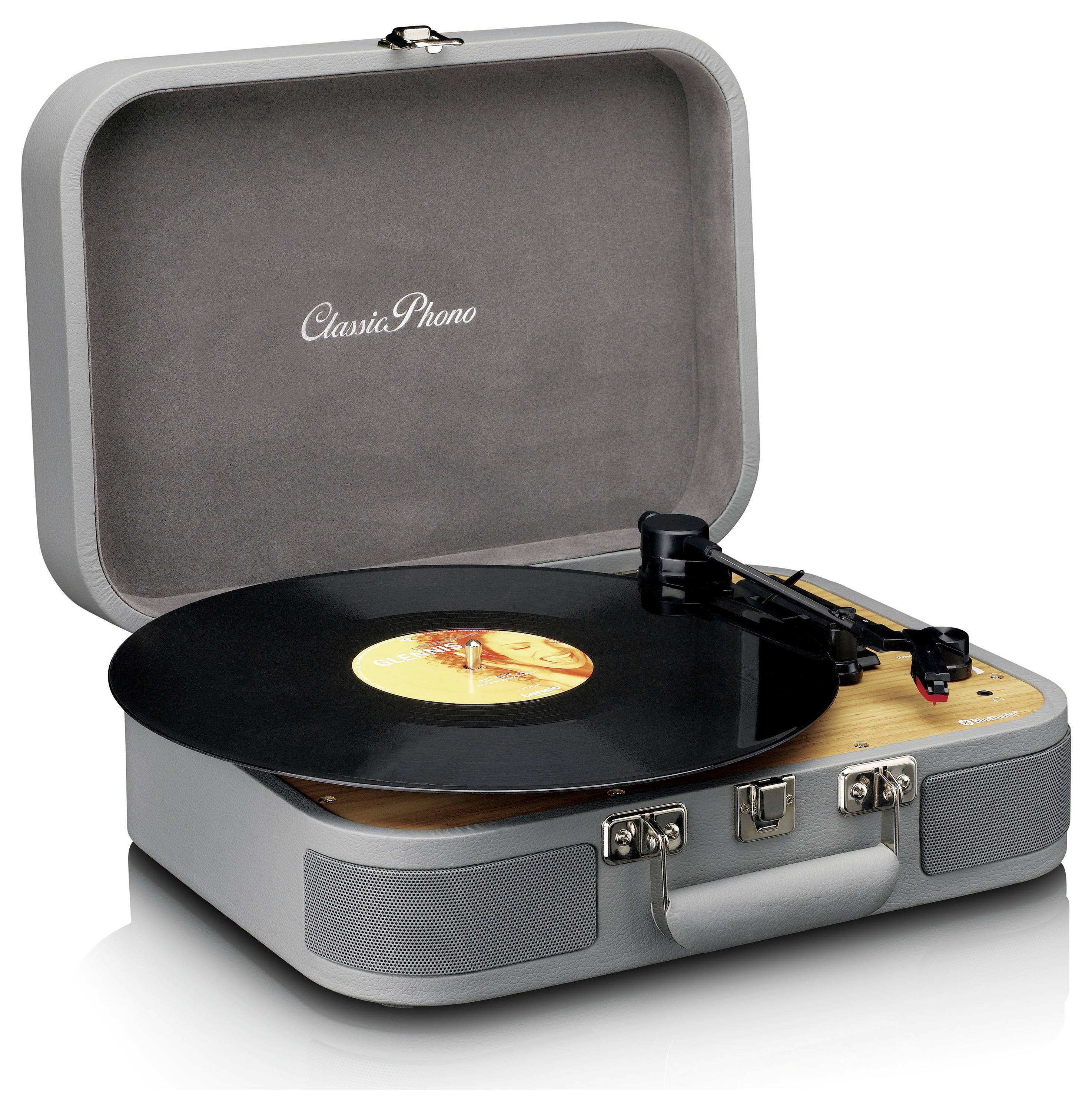 Schallplattenspieler im offenen Kofferdesign mit laufender Schallplatte. Oben steht der Schriftzug 'Classic Phono'.