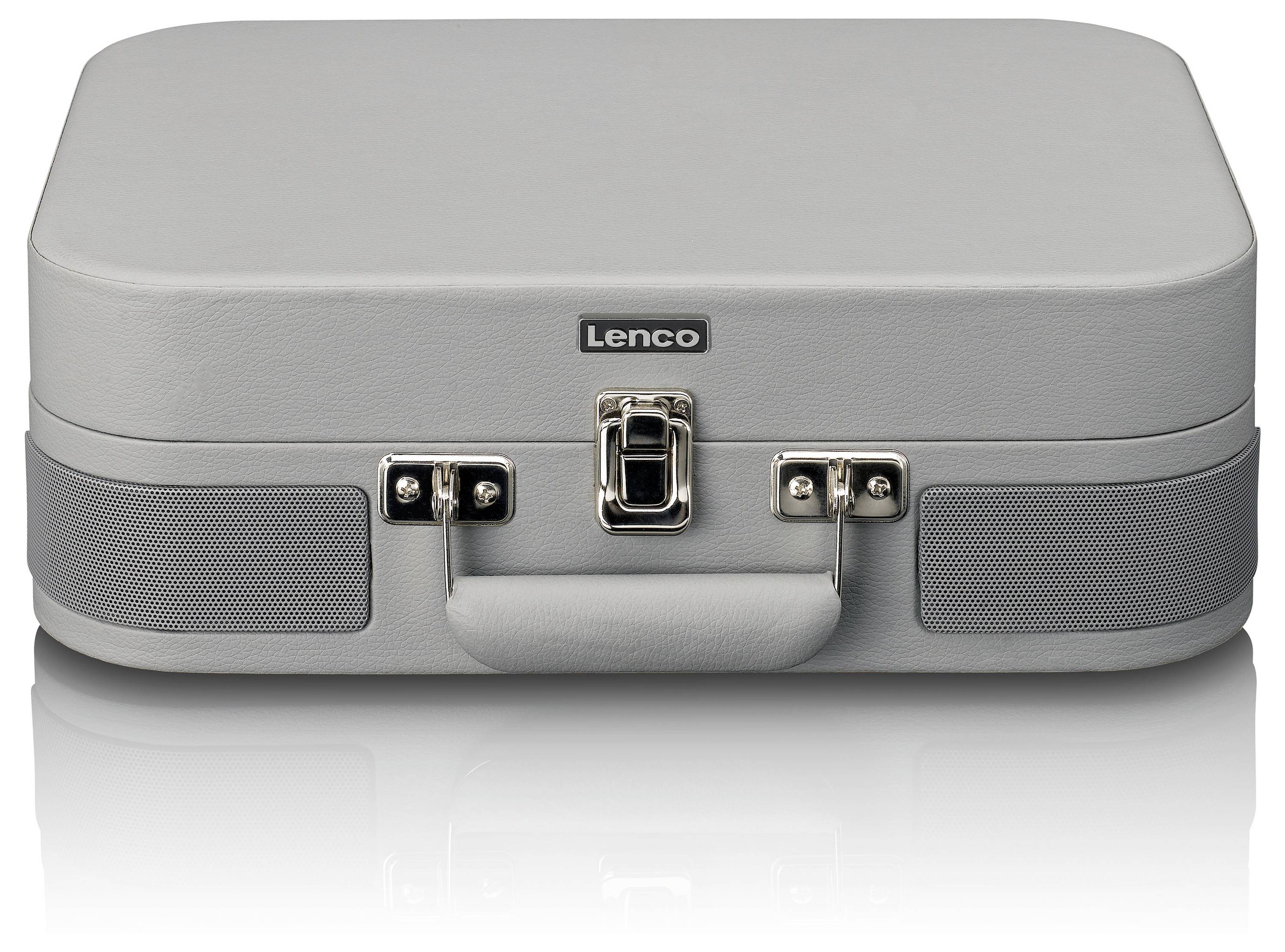 Grauer Koffer aus robustem Material mit Metallverschluss und Tragegriff. Markenname 'Lenco' auf der Vorderseite sichtbar.