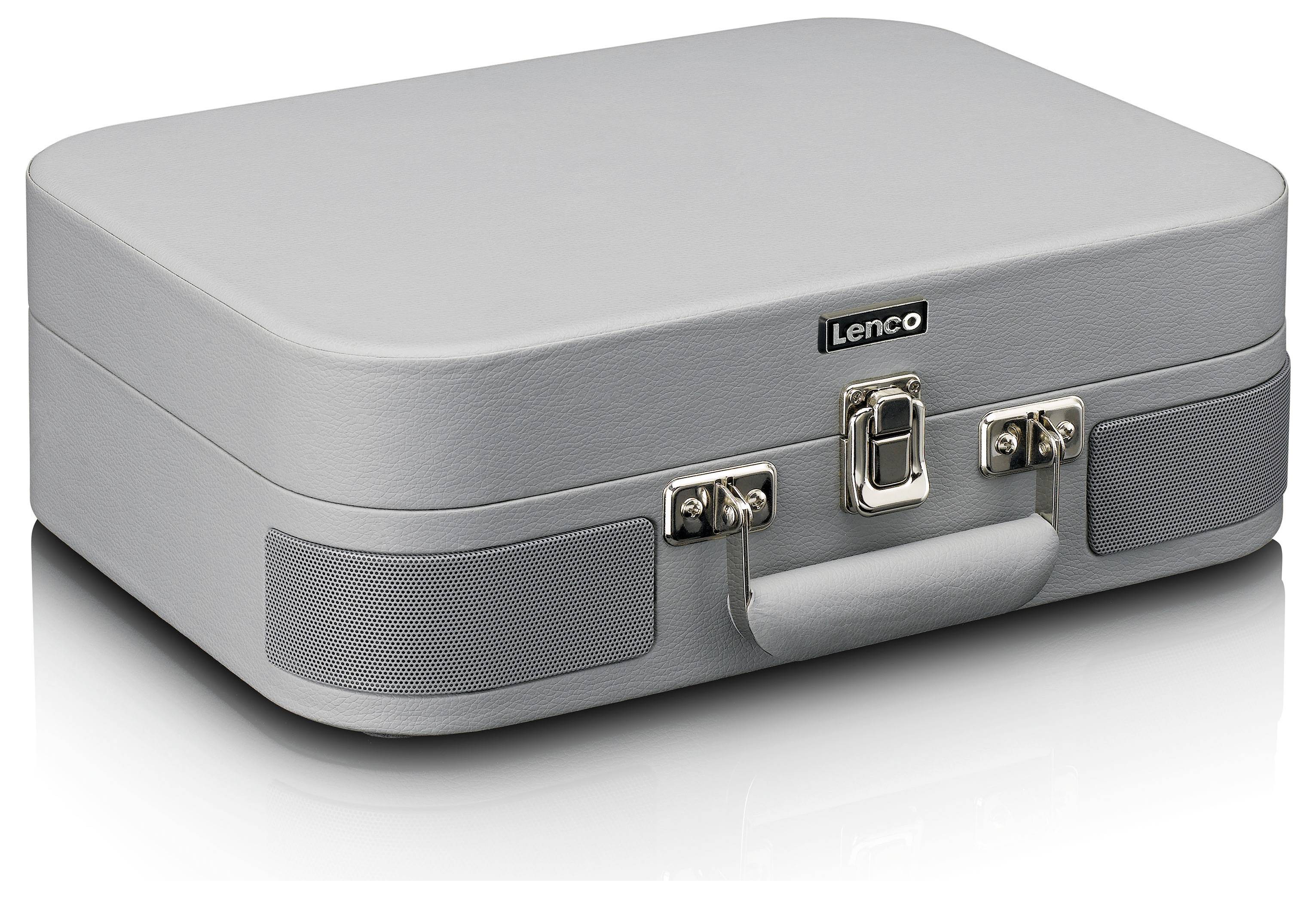 Grauer tragbarer Koffer-Plattenspieler mit metallenen Schnappverschlüssen und integriertem Lautsprecher, trägt das Logo 'Lenco'.