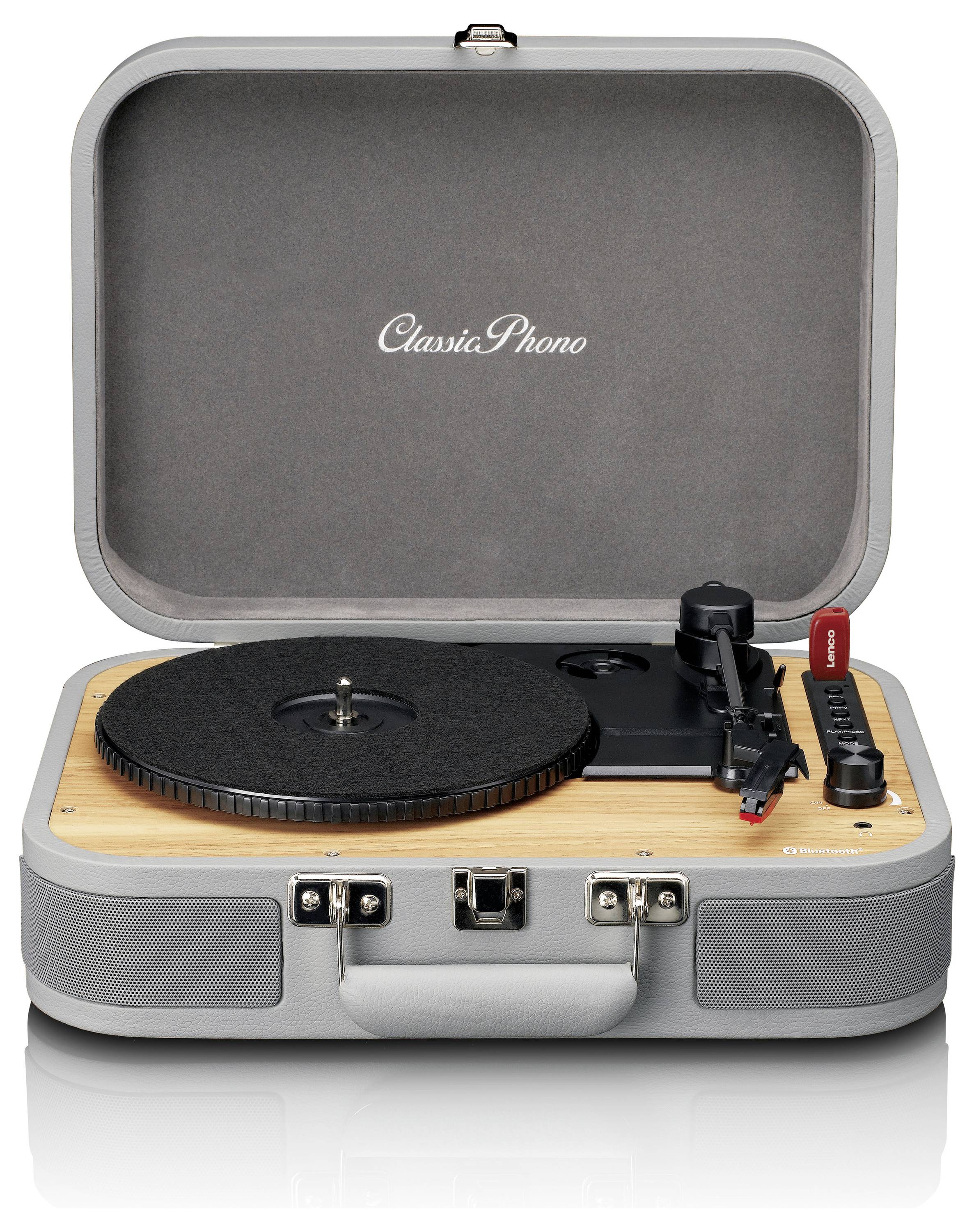 Kompakter Plattenspieler in grauem Kofferdesign mit Holzdekor, markiert mit Classic Phono. Offen, betriebsbereit, zeigt Bedienknöpfe.