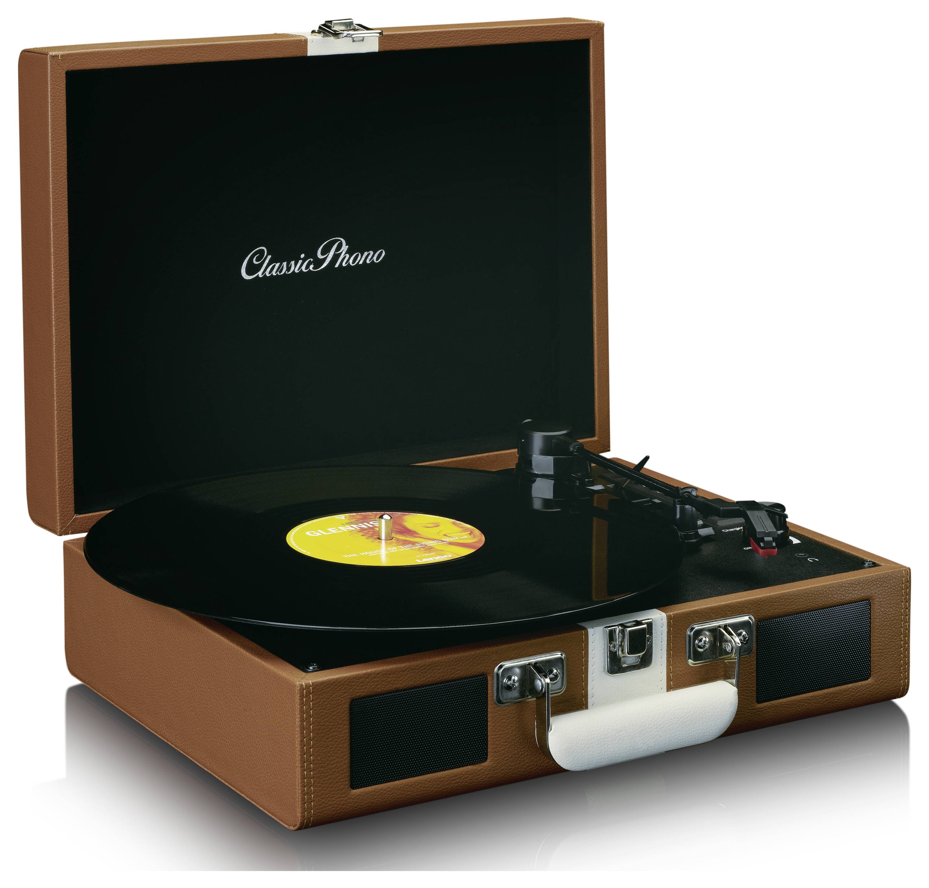 Ein brauner Kofferplattenspieler mit einer Vinylschallplatte auf dem Teller. Auf dem Plattenspieler steht 'Classic Phono'.
