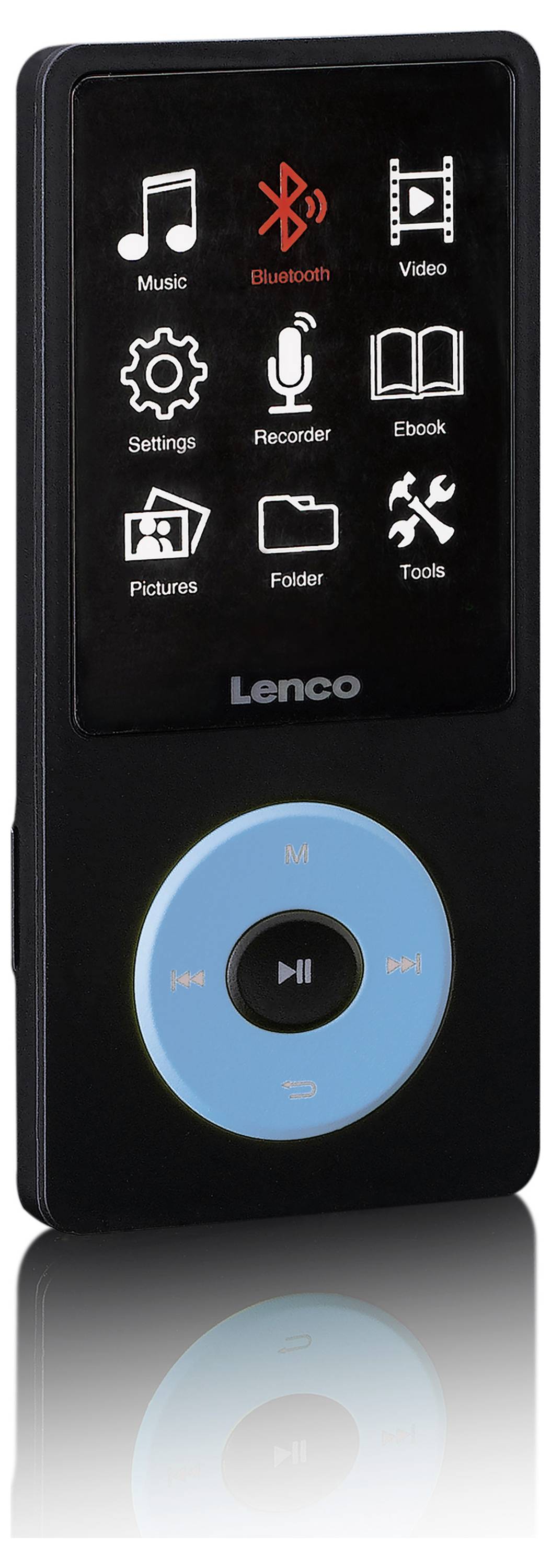 Ein tragbarer MP3-Player mit schwarzem Gehäuse, blauem Bedienfeld und Bildschirm, der Symbole für Musik, Video, Bluetooth und Einstellungen zeigt.