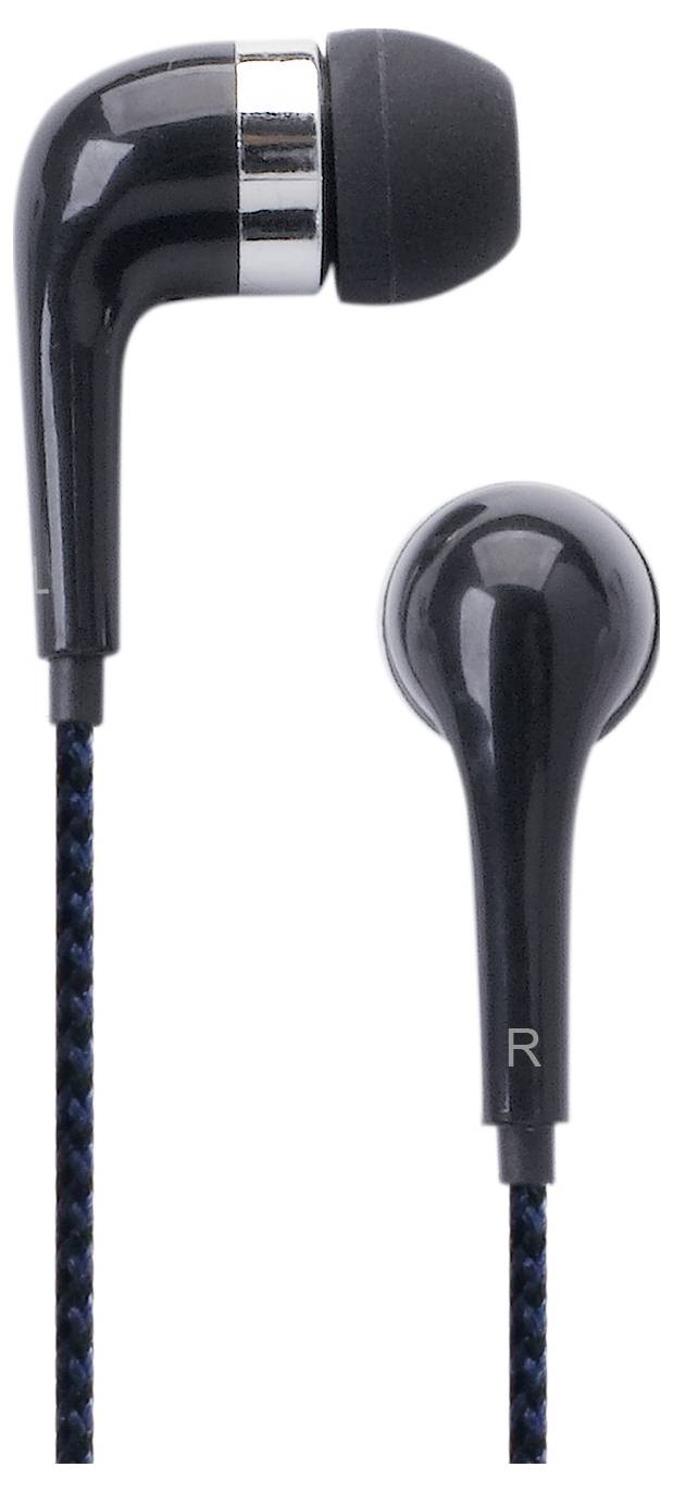 Schwarze In-Ear-Kopfhörer mit glänzender Oberfläche und geflochtenem Kabel.