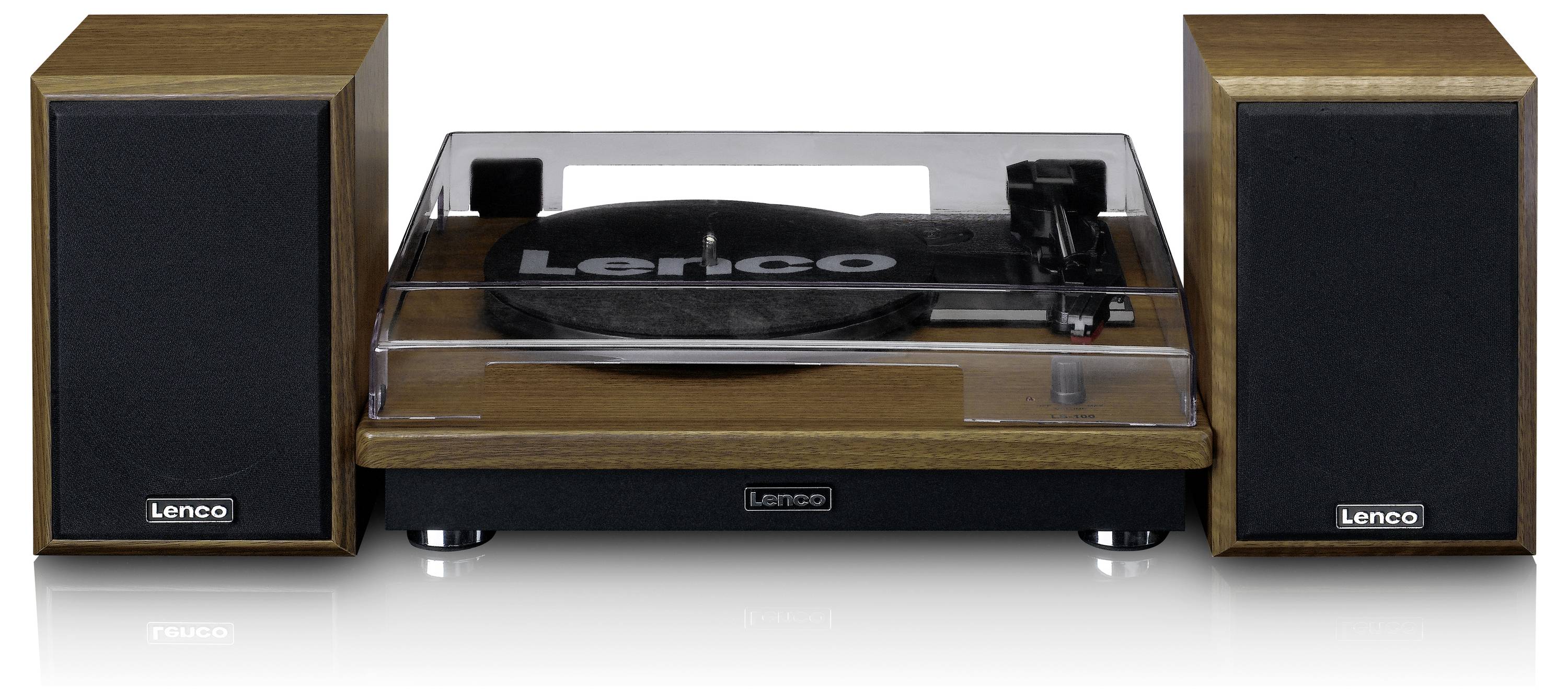 Ein Plattenspieler mit Holzgehäuse und zwei Lautsprechern. Die Marke 'Lenco' ist auf dem Gerät und den Lautsprechern sichtbar.