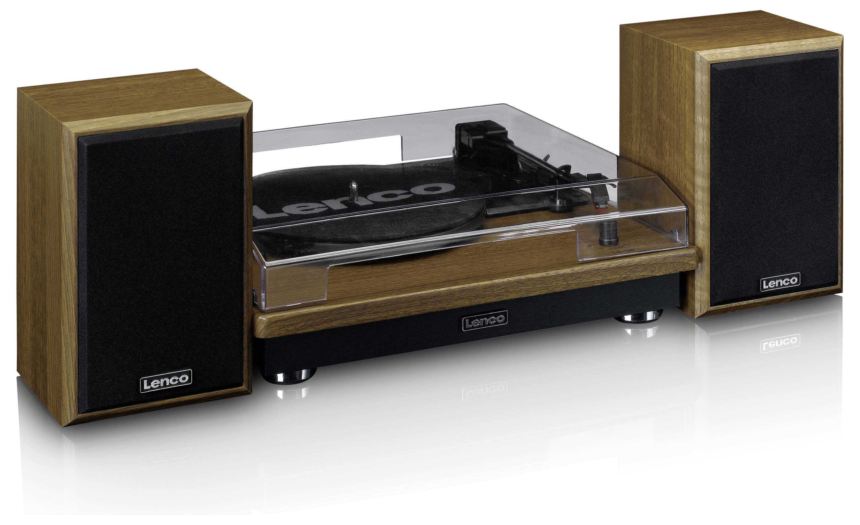 Plattenspieler-Set aus Holz mit zwei Lautsprechern. Der Plattenspieler hat eine transparente Abdeckung.