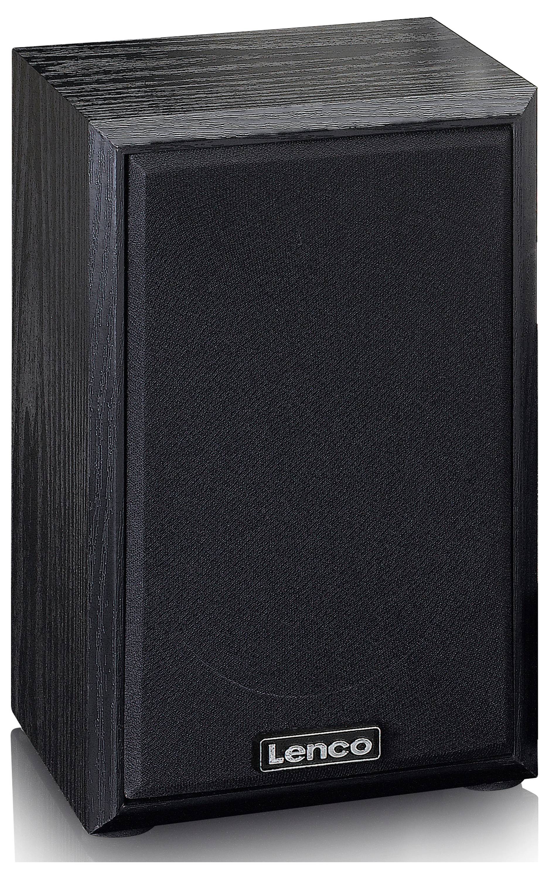 Lautsprecher mit schwarzem Gehäuse und Stoffabdeckung, Markenname 'Lenco' unten auf der Vorderseite sichtbar.