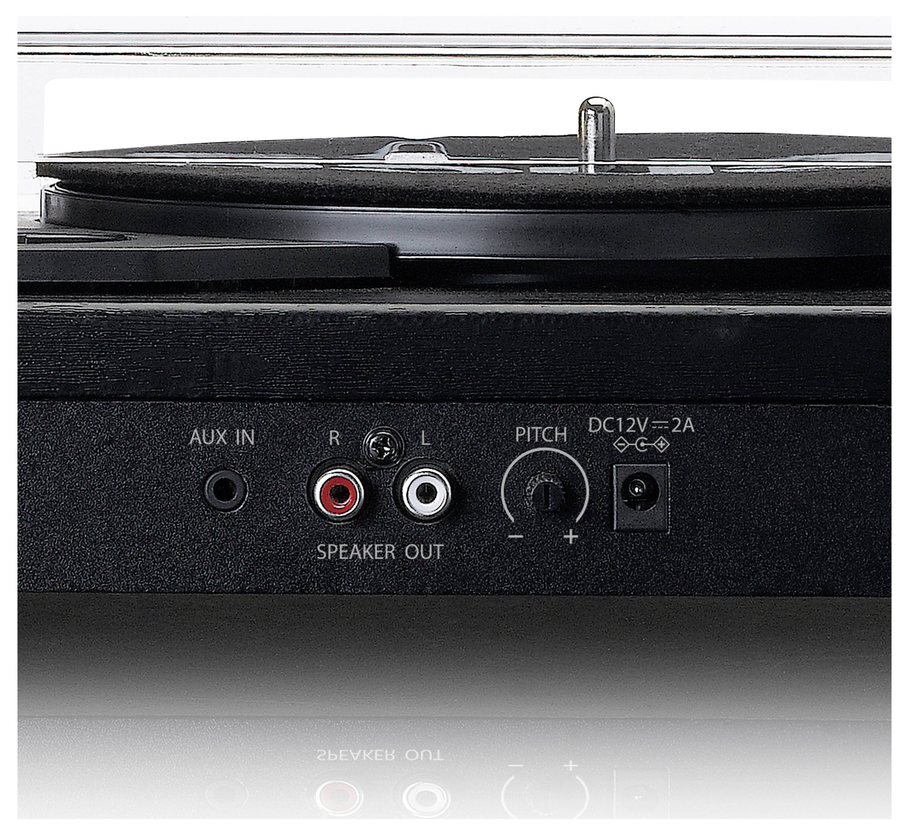 Nahaufnahme eines Plattenspielers mit Anschlüssen: AUX IN, Lautsprecherausgang, PITCH-Regler und Gleichstromeingang (DC12V, 2A).