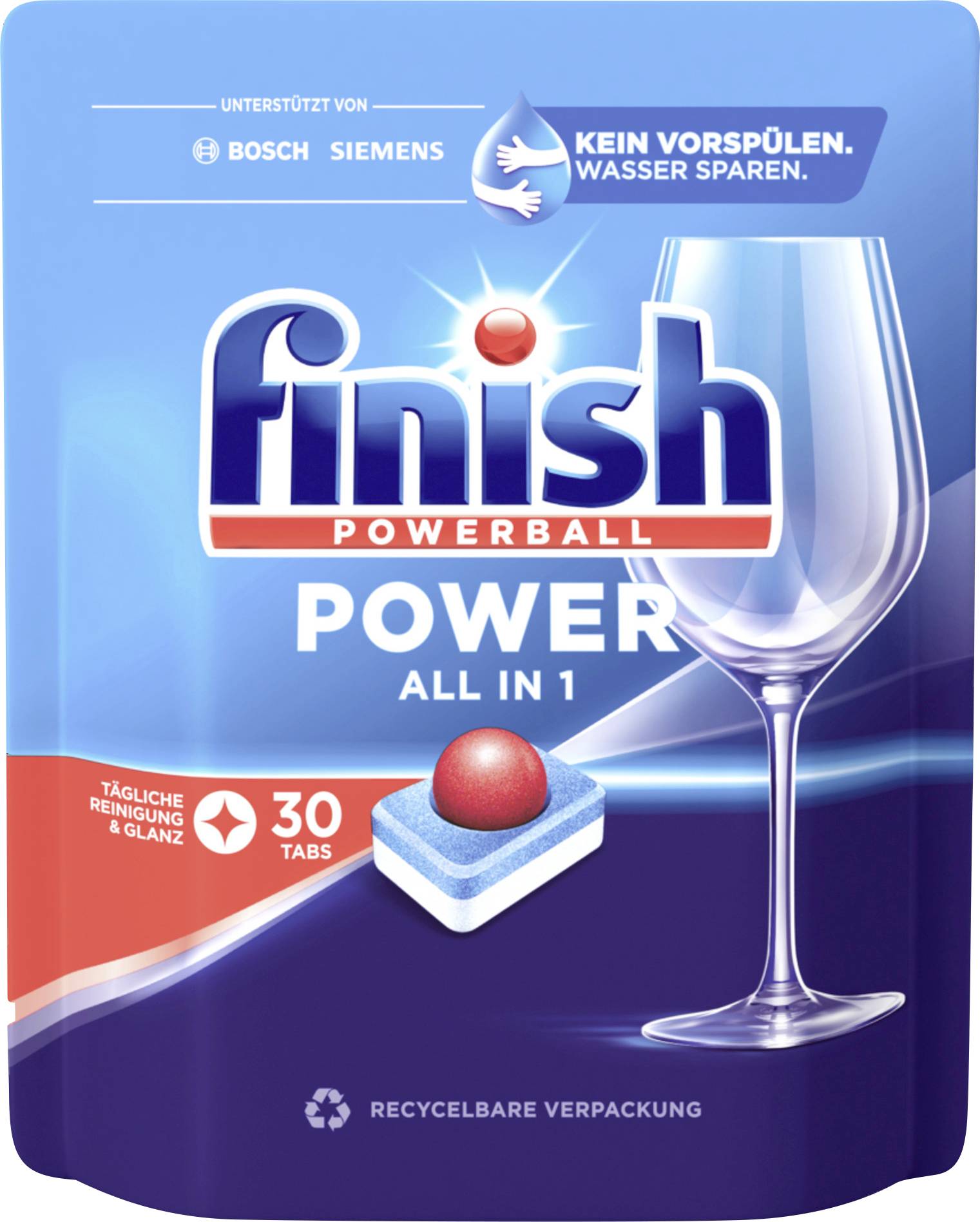 'Finish Powerball' Spülmaschinentabs-Verpackung mit 30 Tabs, betont tägliche Reinigung und Glanz, unterstützt von Bosch und Siemens.