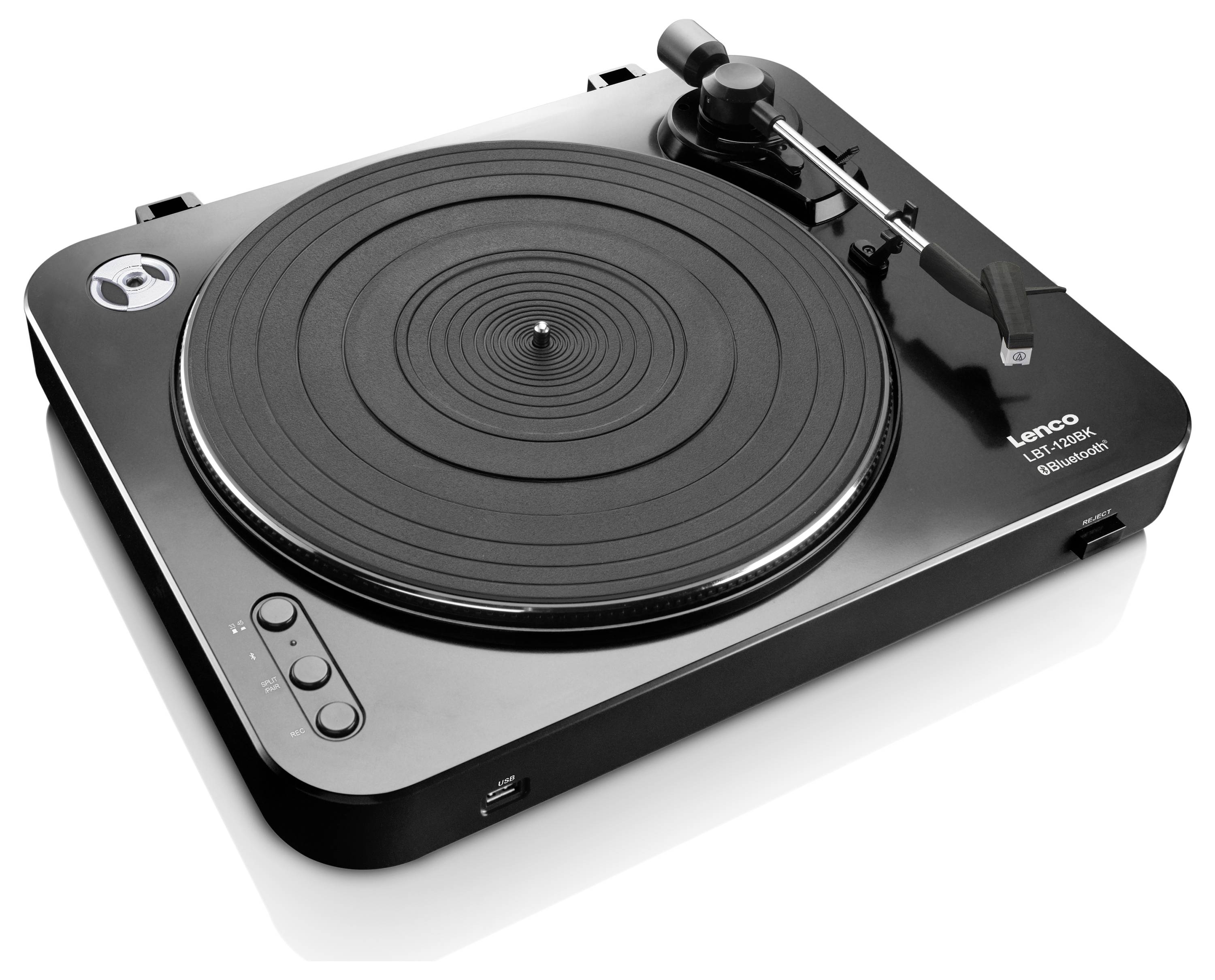 Schwarzer Plattenspieler mit Arm und Nadel, geeignet für Vinyl-Schallplatten. Steuerungsknöpfe an der Seite zur Bedienung.
