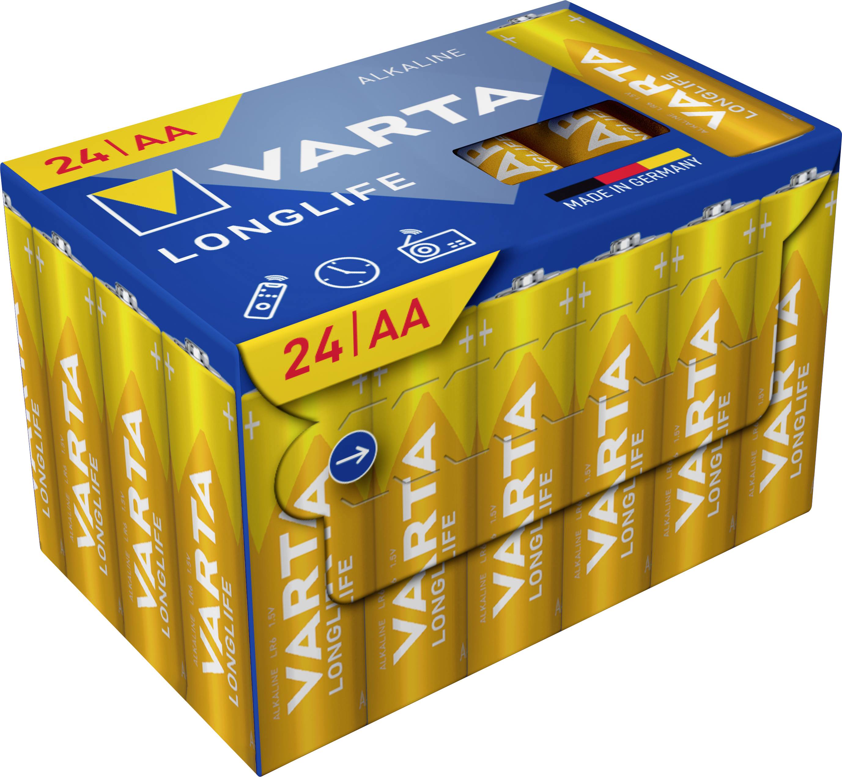 Batteriepackung VARTA Longlife, 24 AA Alkaline-Batterien, gelbe Verpackung mit blauem Deckel, 'Made in Germany' Hinweis.