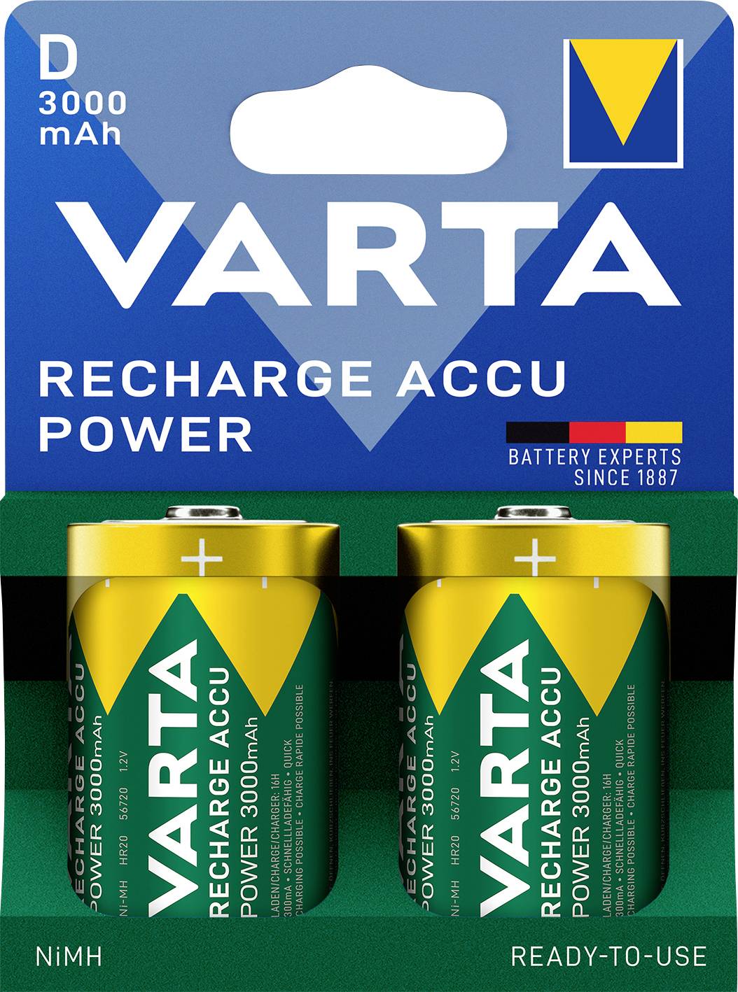 'VARTA Recharge Accu Power' Batterienpackung mit zwei D-Batterien, 3000 mAh Kapazität, grün und gelb gestaltet, auf Kartonträger.