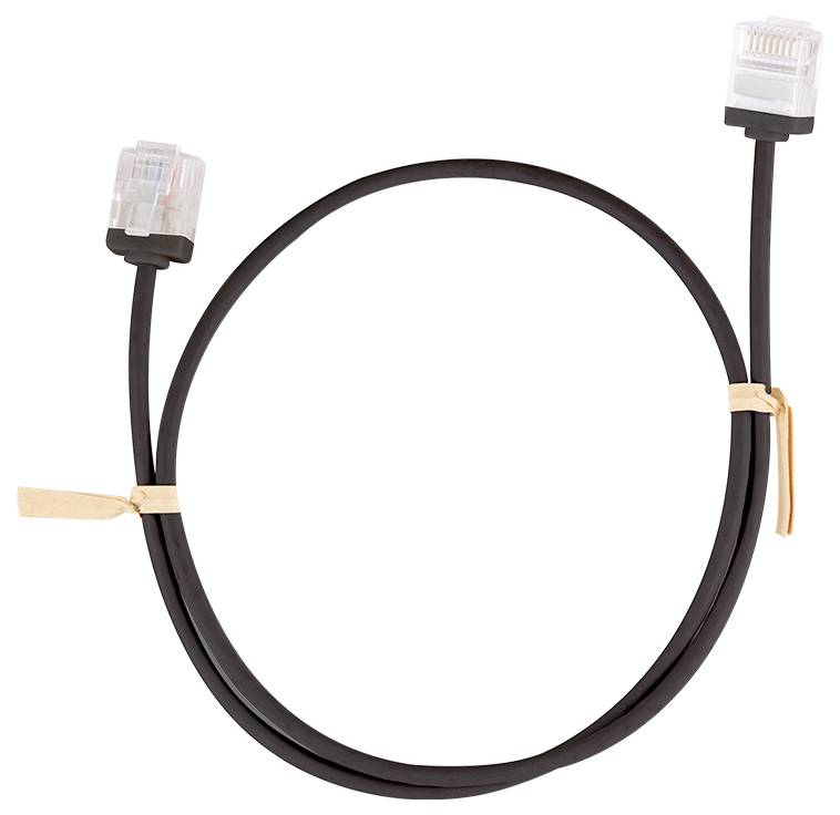 Ein schwarzes Ethernetkabel mit zwei RJ45-Steckern an den Enden, aufgerollt auf einem weißen Hintergrund.