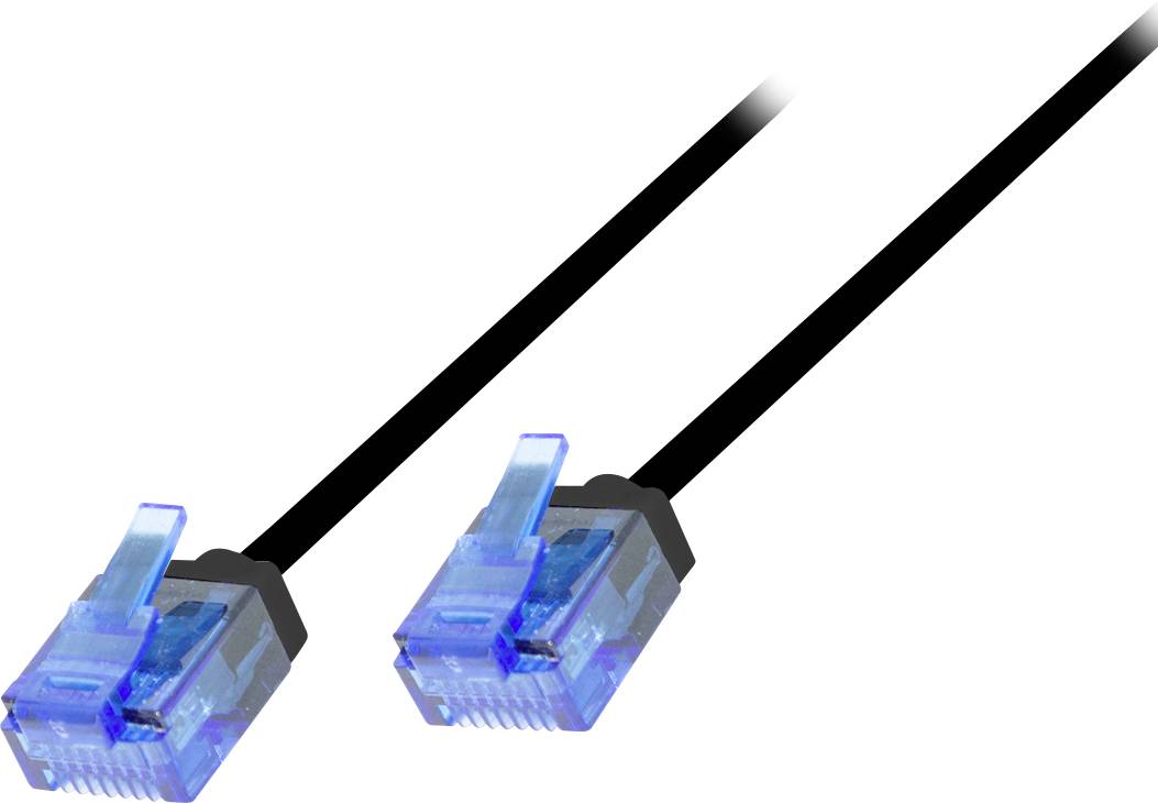 Zwei schwarze Ethernet-Kabel mit transparenten Steckern liegen parallel nebeneinander.