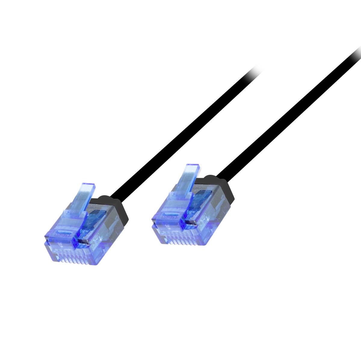 Schwarzes Ethernet-Kabel mit zwei klaren RJ-45-Steckern, verwendet für Netzwerkverbindungen.