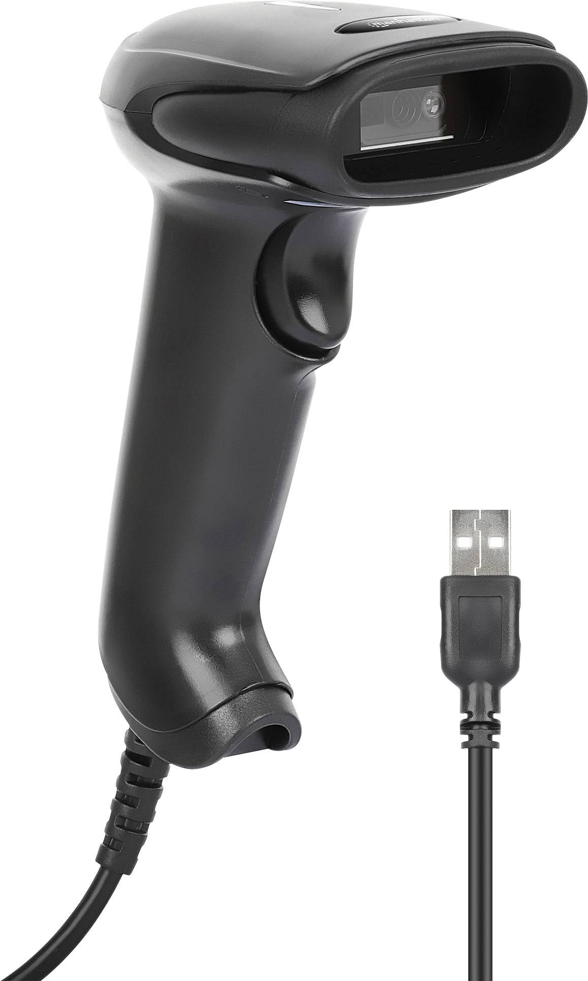 Ein schwarzer kabelgebundener Handscanner mit USB-Anschluss, geeignet zum Scannen von Barcodes. Display und Tasten vorne sichtbar.