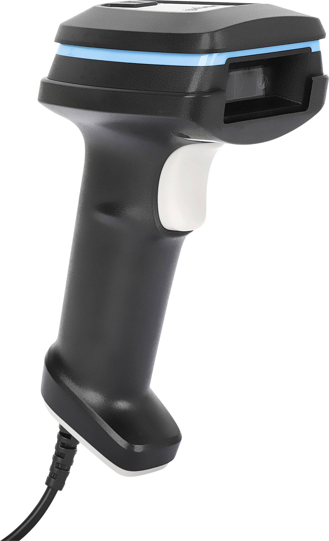 Ein schwarz-weißer Handscanner mit blauem Akzent, verbunden mit einem Kabel, wahrscheinlich zur digitalen Datenerfassung.