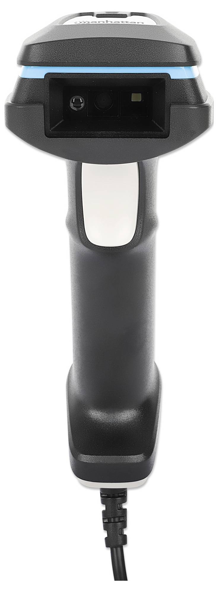 Ein Handscanner mit schwarzem Gehäuse und blauer Linie an der Vorderseite, geeignet zum Lesen von Barcodes. Kabel unten angeschlossen.