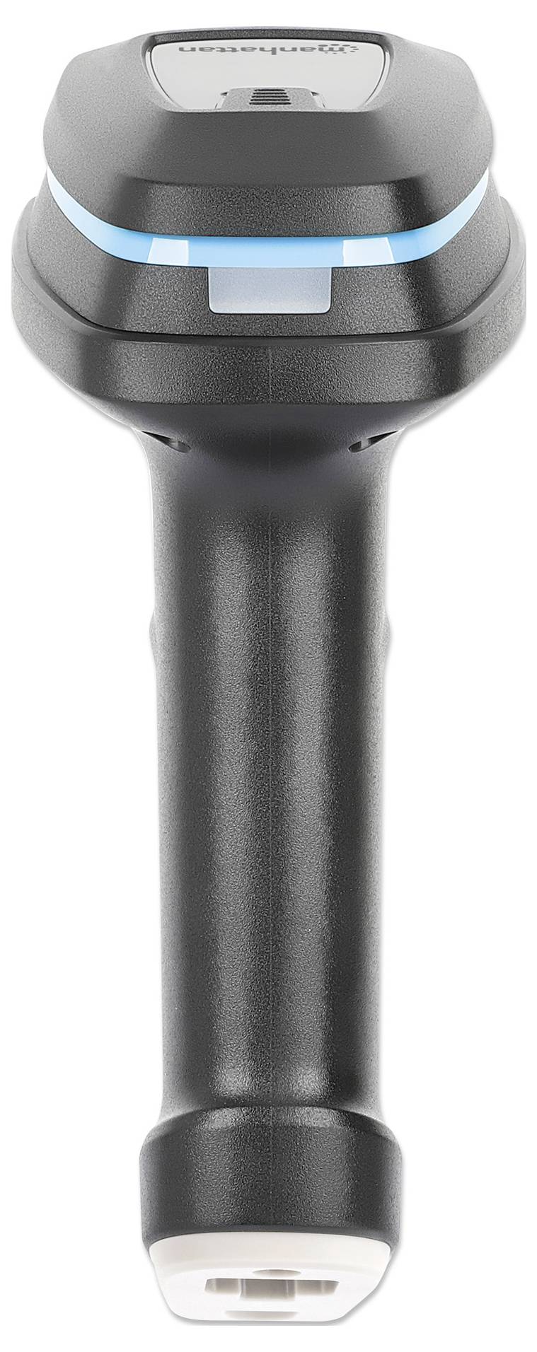 Ein schwarzer Handscanner mit blauem Streifen, seitliche Ansicht. Geeignet zur Erfassung von Barcodes.