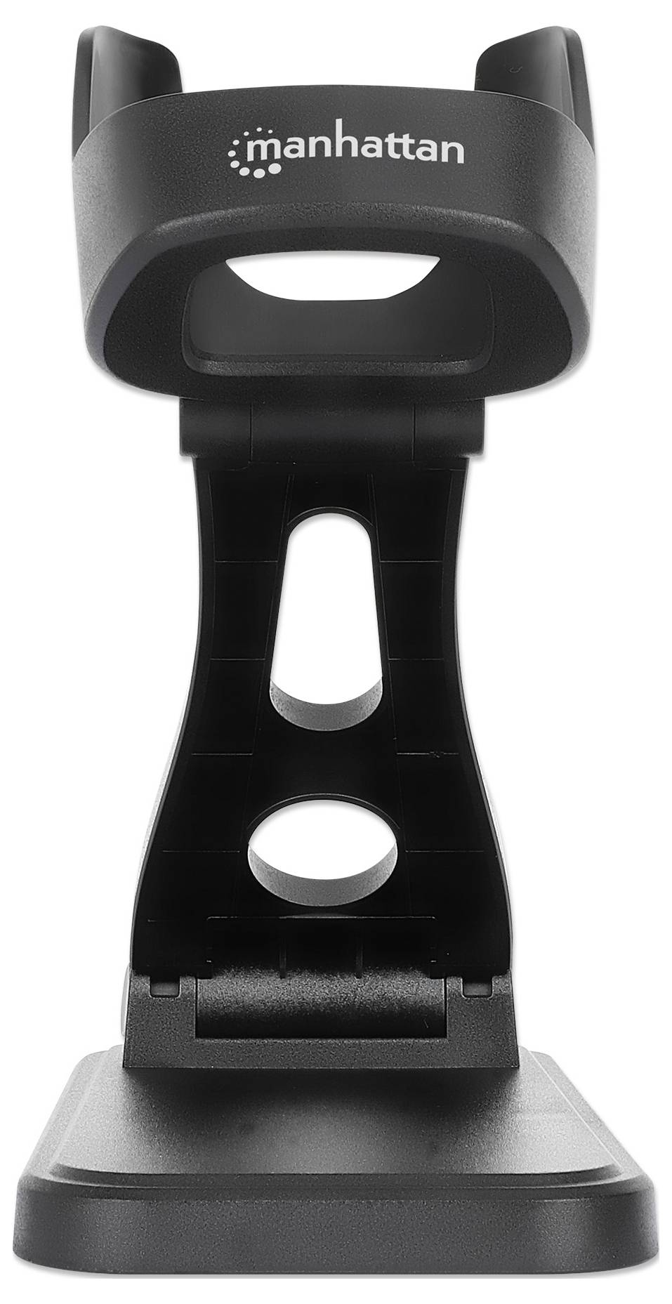 Der schwarze Tablet-Ständer von 'manhattan' hat eine stabile, höhenverstellbare Halterung und eine breite Basis zur sicheren Platzierung.