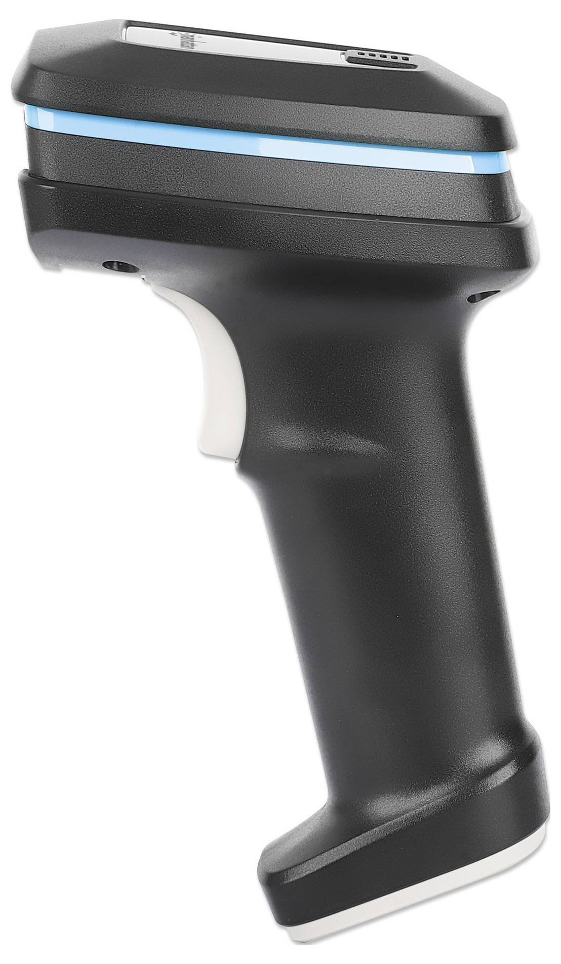 Ein schwarzer Handscanner mit blauem Streifen und ergonomischem Griff, geeignet zur Barcodeerfassung in Einzelhandel oder Lager.