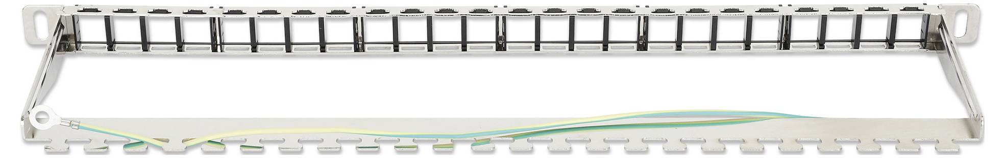 Patchpanel, 19-Zoll-Metallrahmen mit 24 leeren Ports und Erdungskabel. Wird zur Netzwerkverkabelung verwendet.