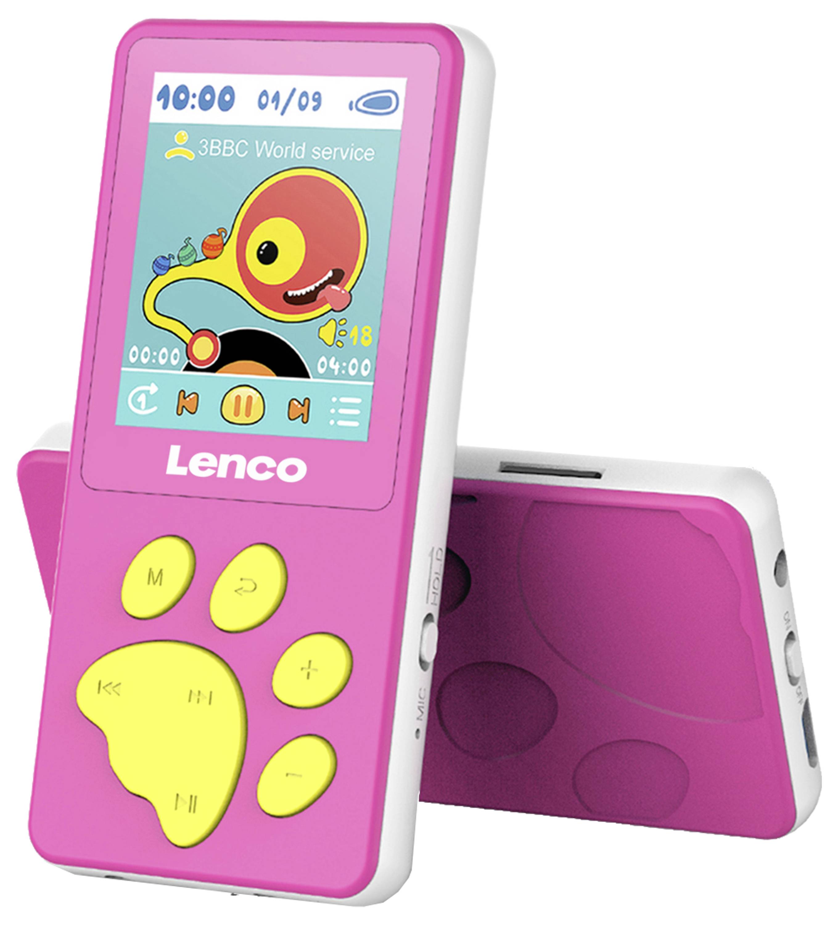 Ein pinker digitaler Musik-Player mit gelben Bedientasten, zeigt eine Animation auf dem Display an. Markiert mit 'Lenco'.