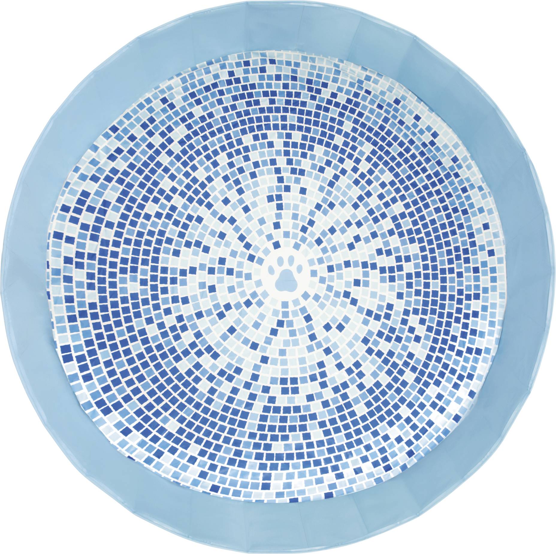 Runder Pool mit blau-weißem Mosaikmuster am Boden in einem geometrischen Design.