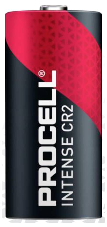 Batterie mit schwarzem und rotem Design, Aufschrift 'Procell Intense CR2'.