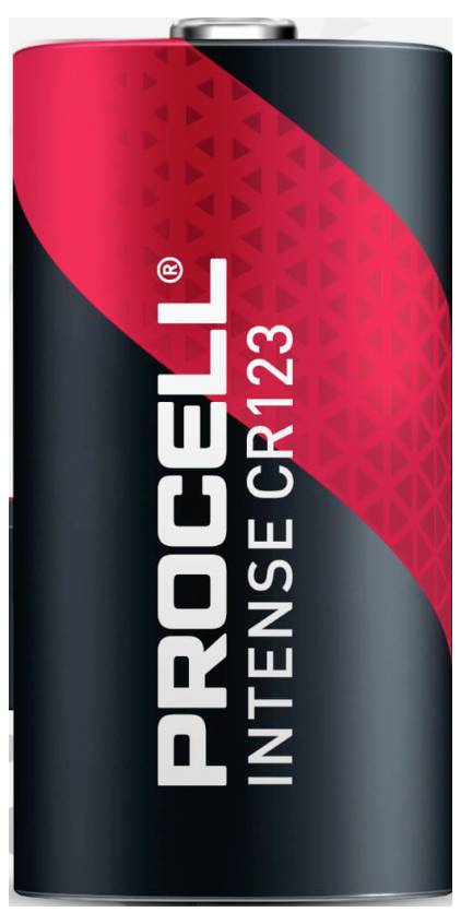 'Procell Intense CR123'-Batterie in Rot-Schwarz.