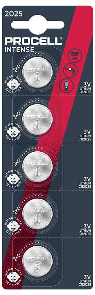 Fünf silberne, runde Procell Intense CR2025 Lithium-Knopfzellen in Originalverpackung, geeignet für Geräte mit hohem Energiebedarf.