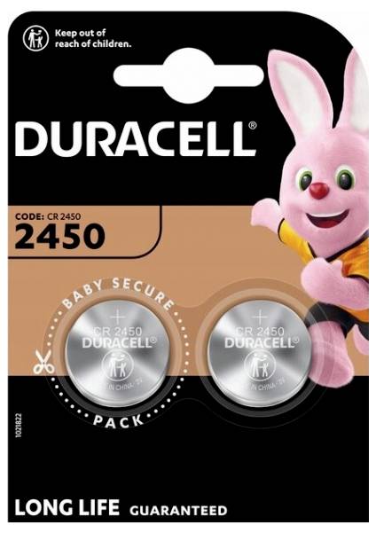 Duracell CR2450 Batterieverpackung mit Hasenmaskottchen, Aufschrift 'Baby Secure Pack', zwei silberne Knopfzellen sichtbar.