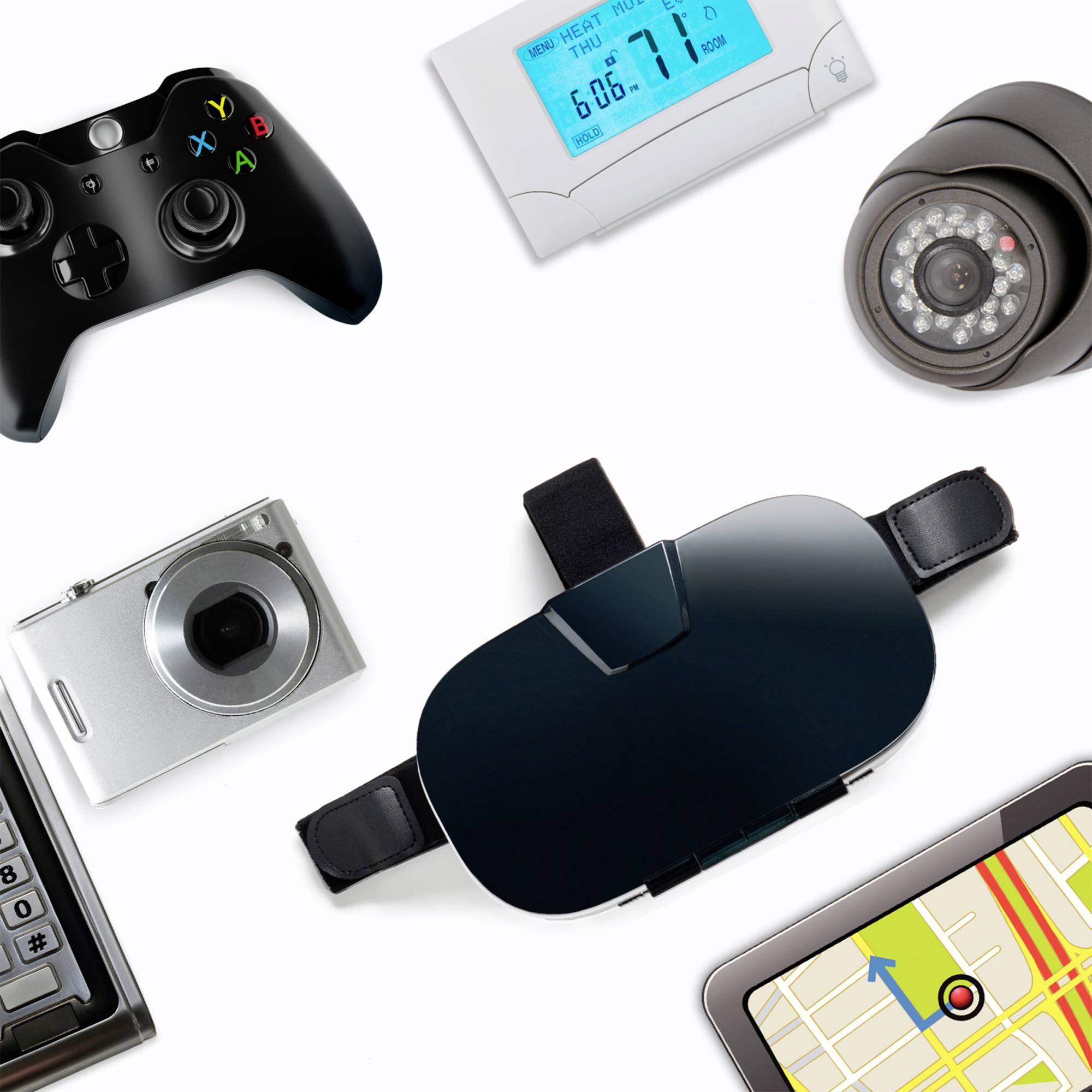 Verschiedene elektronische Geräte, darunter eine Spielkonsole, Kamera, ein Thermostat, VR-Brille, Überwachungskamera und ein GPS-Gerät.