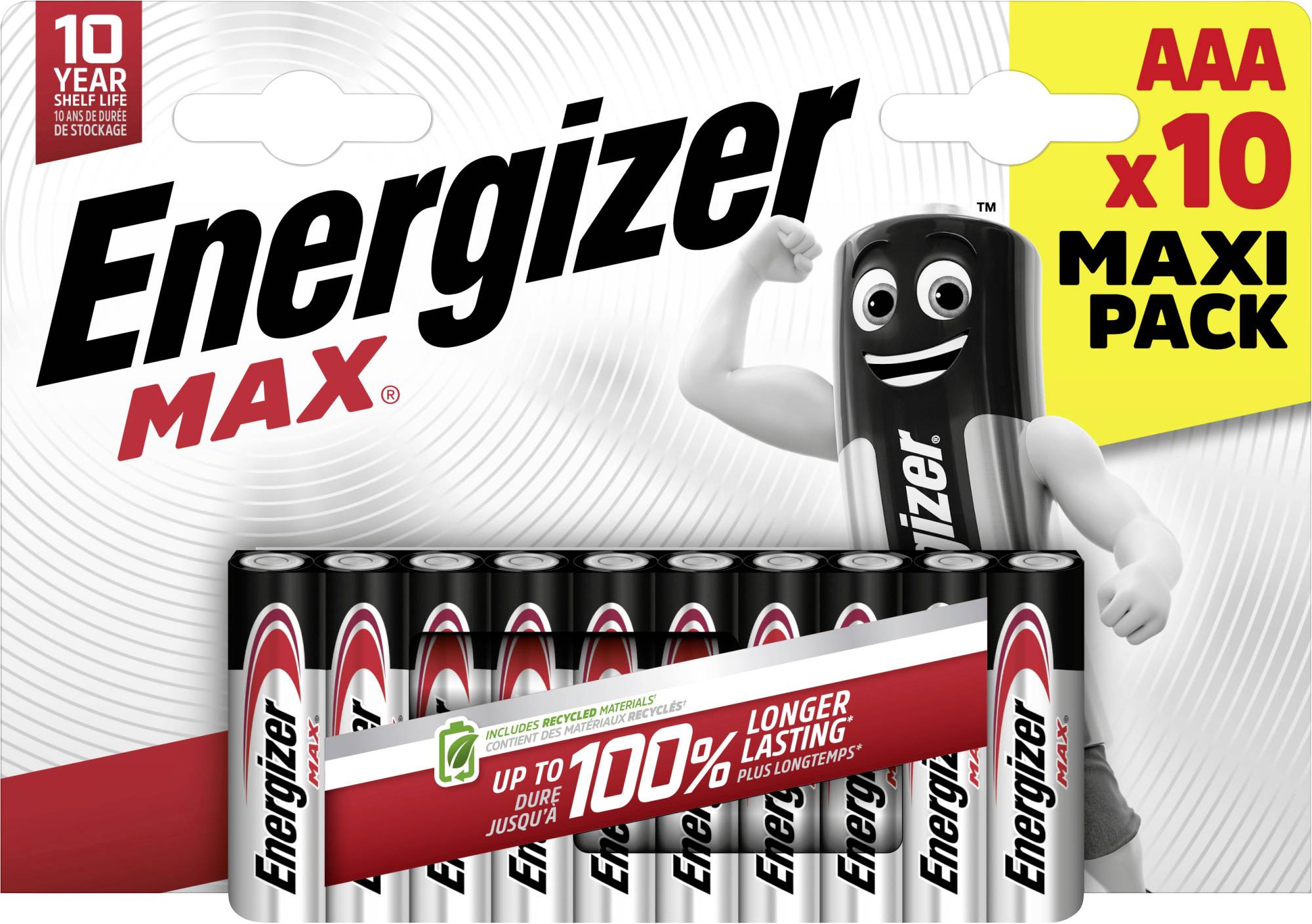 Energizer Max AAA Batterien, Maxi-Pack mit 10 Stück. Verspricht bis zu 100% längere Haltbarkeit, 10 Jahre lagerfähig.