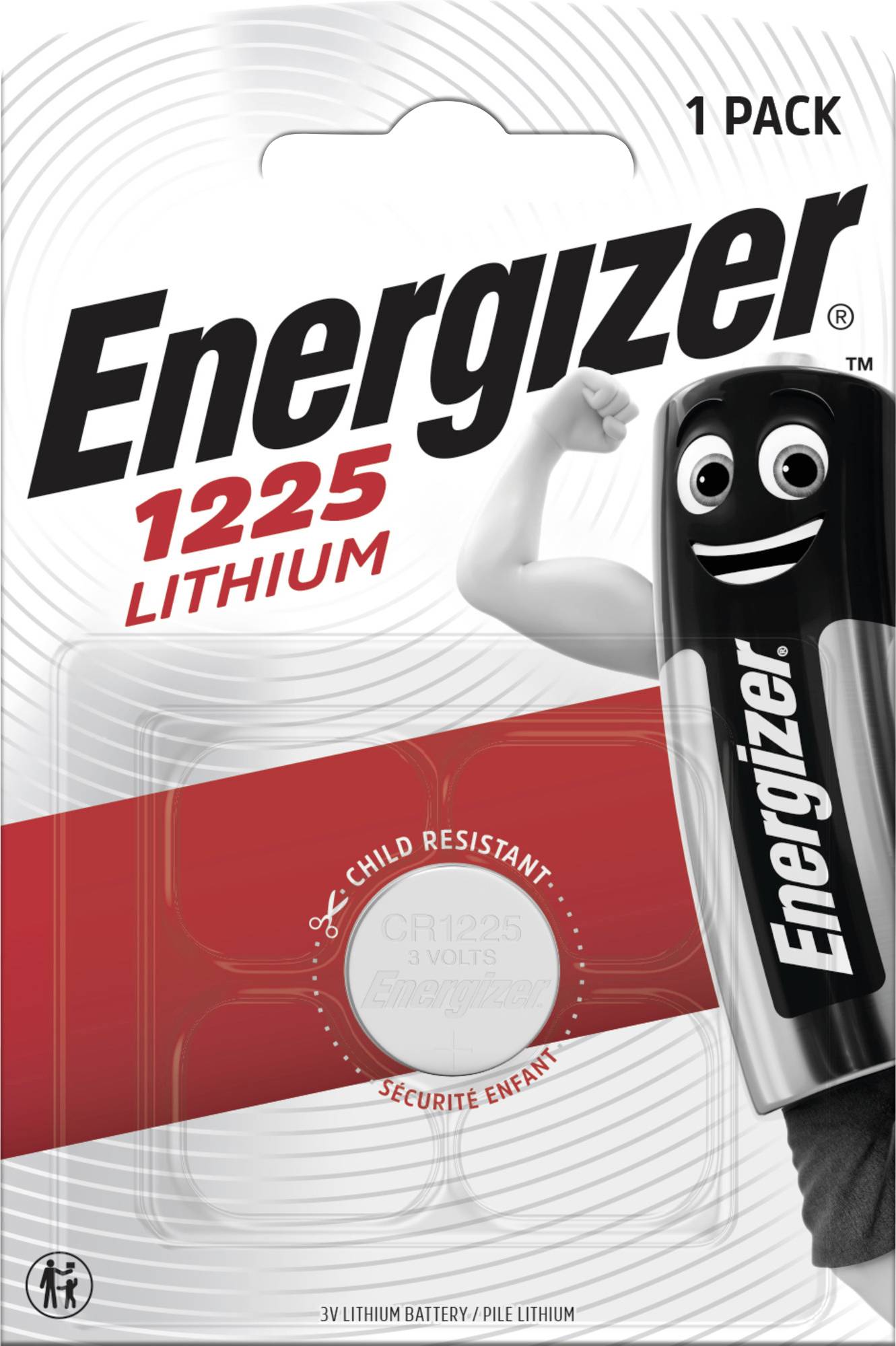 Packung mit einer Energizer 1225 Lithium-Batterie, geeignet für kindersichere Anwendungen, auf weißem Hintergrund.