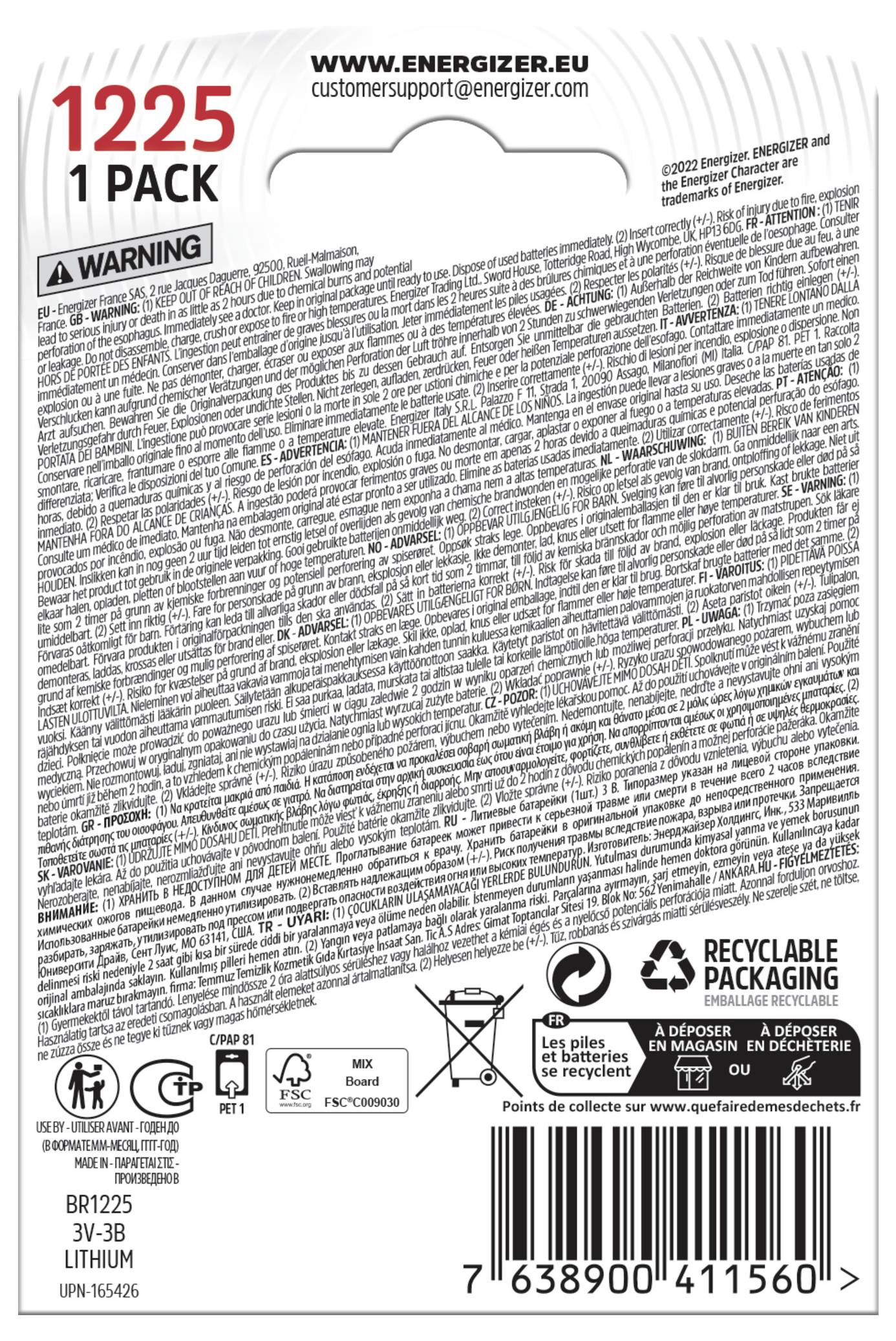 Energizer Knopfzelle CR 1225 3V 1 St. Lithium