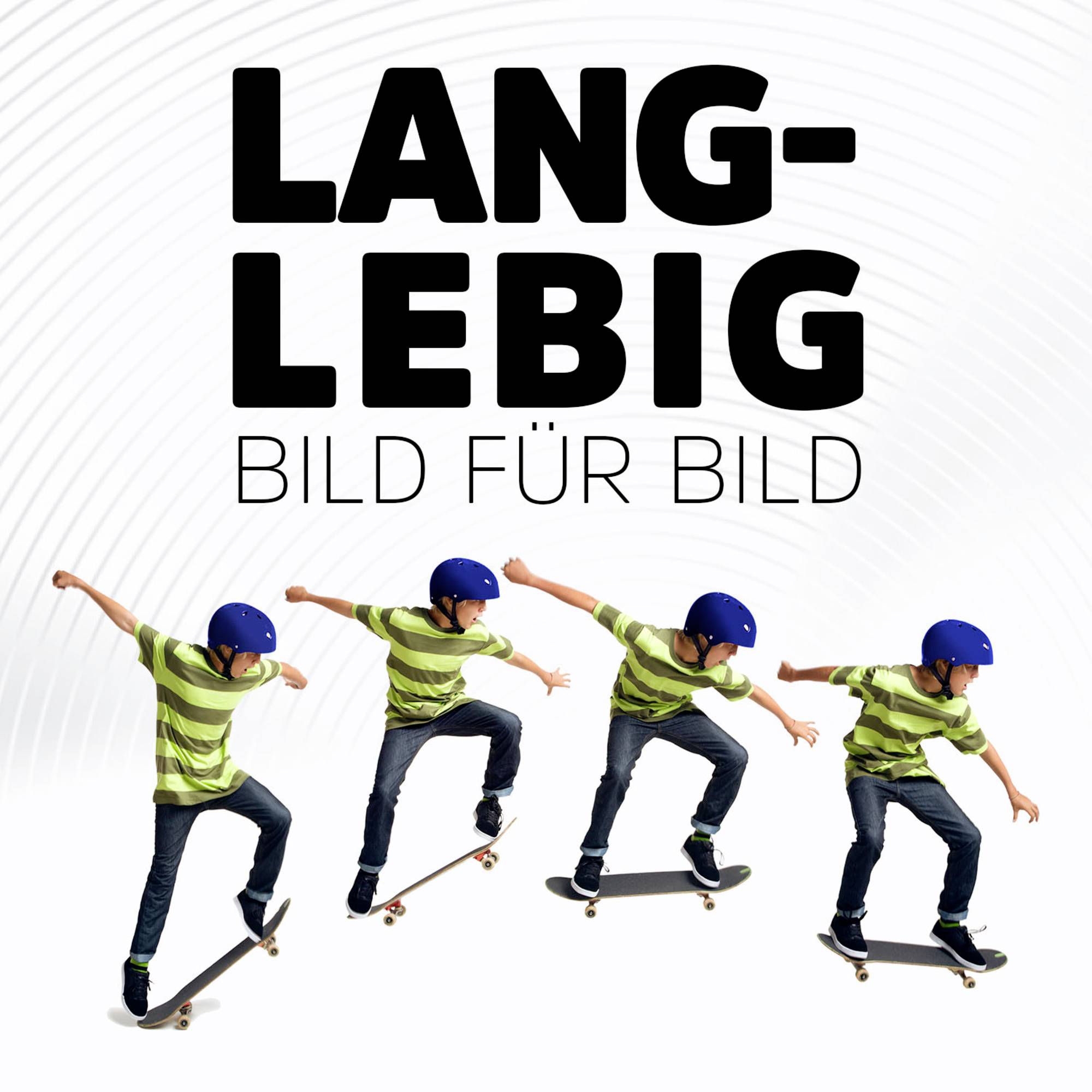 'Lang-lebig Bild für Bild' zeigt eine Folge von Bildern eines Jungen mit Helm auf einem Skateboard, der eine Tricksequenz ausführt.