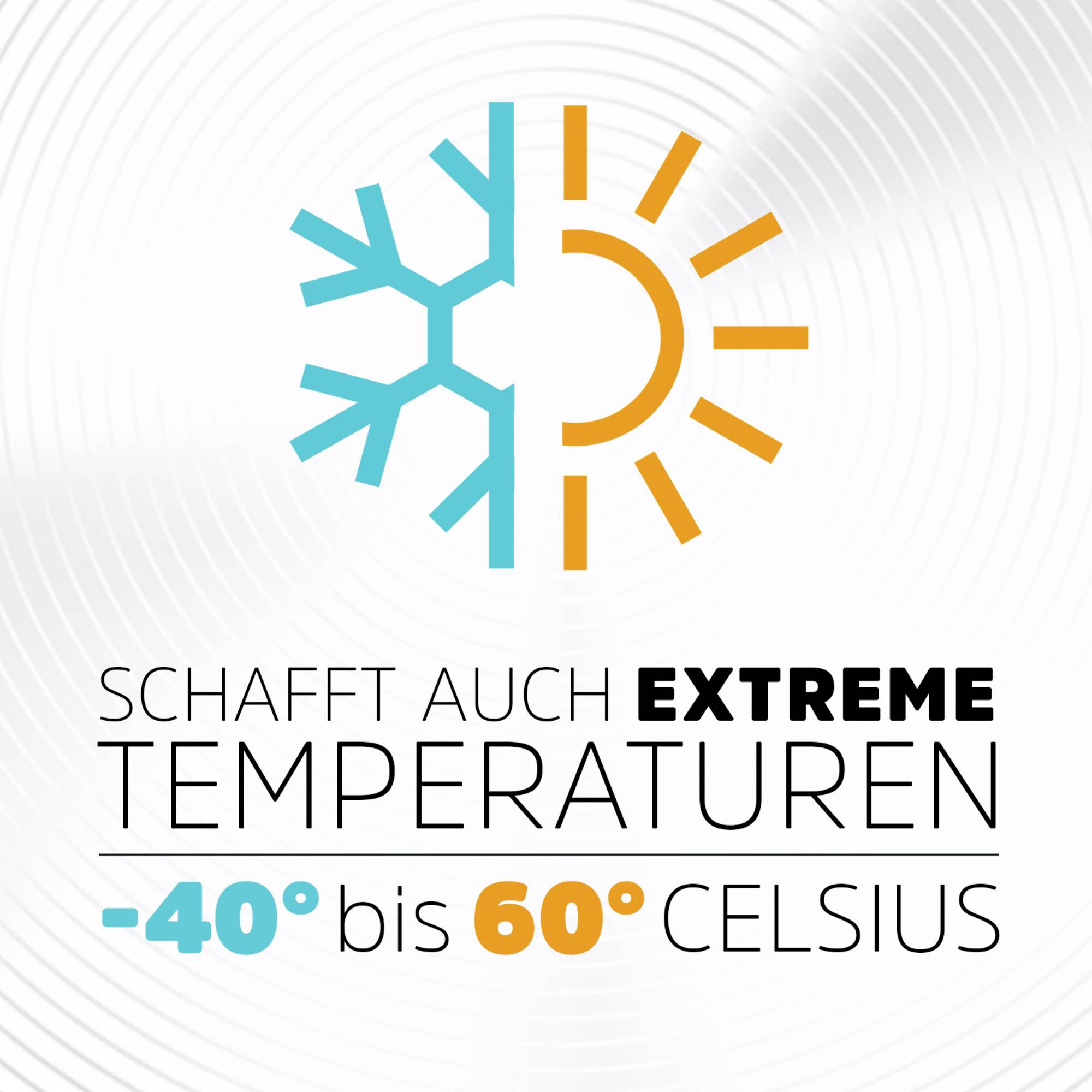 'Schafft auch extreme Temperaturen -40° bis 60° Celsius.' Grafik zeigt halbes Schneeflocken- und halbes Sonnensymbol.