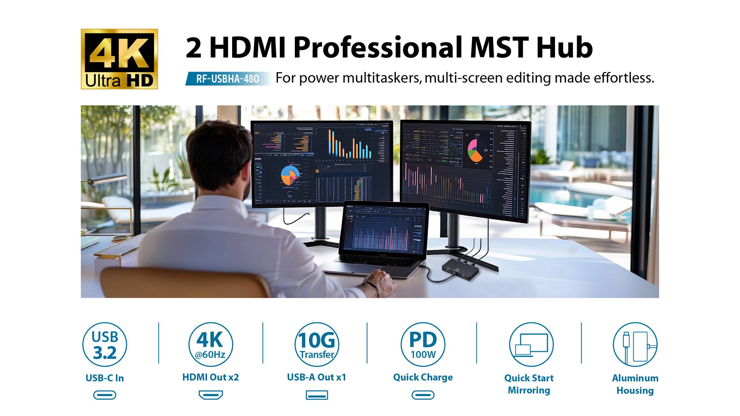 4K HDMI Hub-Setup mit drei Monitoren zur Grafikanzeige. Merkmale umfassen USB 3.2, 4K-Ausgabe, 100W-Ladung und Aluminiumgehäuse.