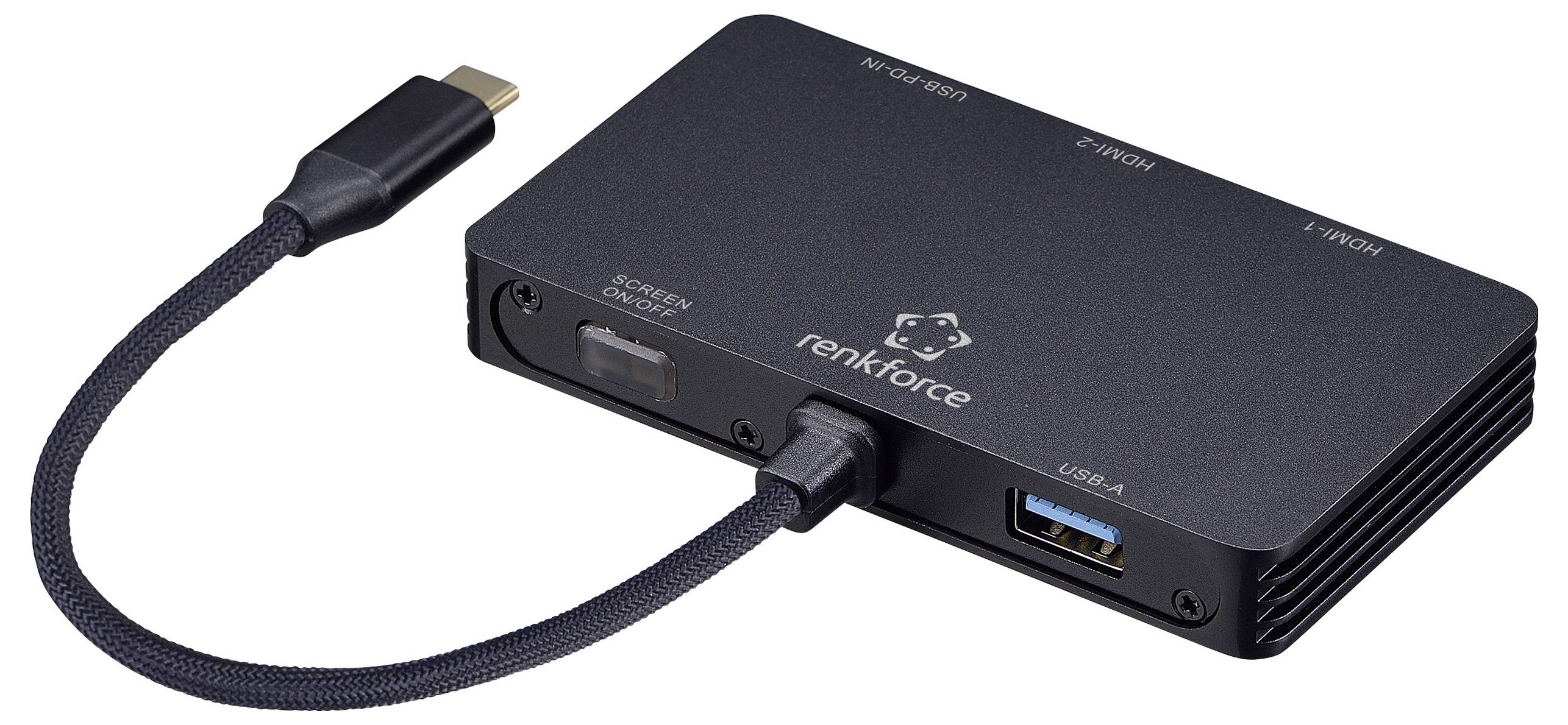Ein USB-C Hub mit mehreren Anschlüssen, darunter HDMI, USB-A und Ethernet, entwickelt zum Anschluss verschiedener Geräte an einen Computer.