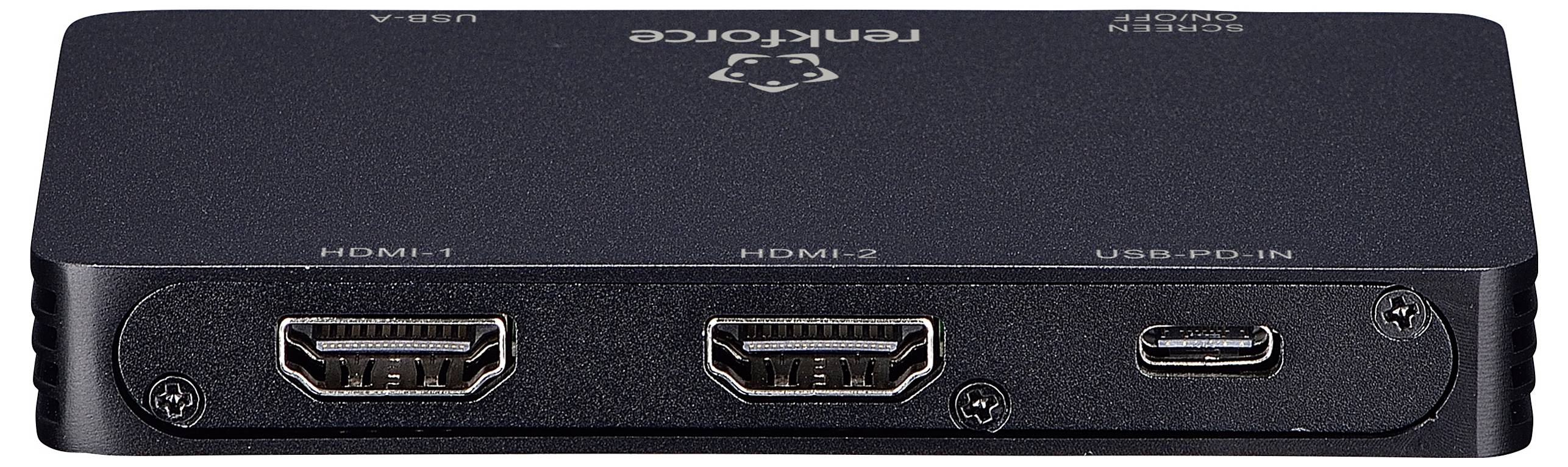 Ein schwarzes Gerät mit zwei HDMI-Anschlüssen, die mit HDMI-1 und HDMI-2 beschriftet sind, sowie einem USB-C-Anschluss mit der Bezeichnung USB-PD IN auf der Frontseite.
