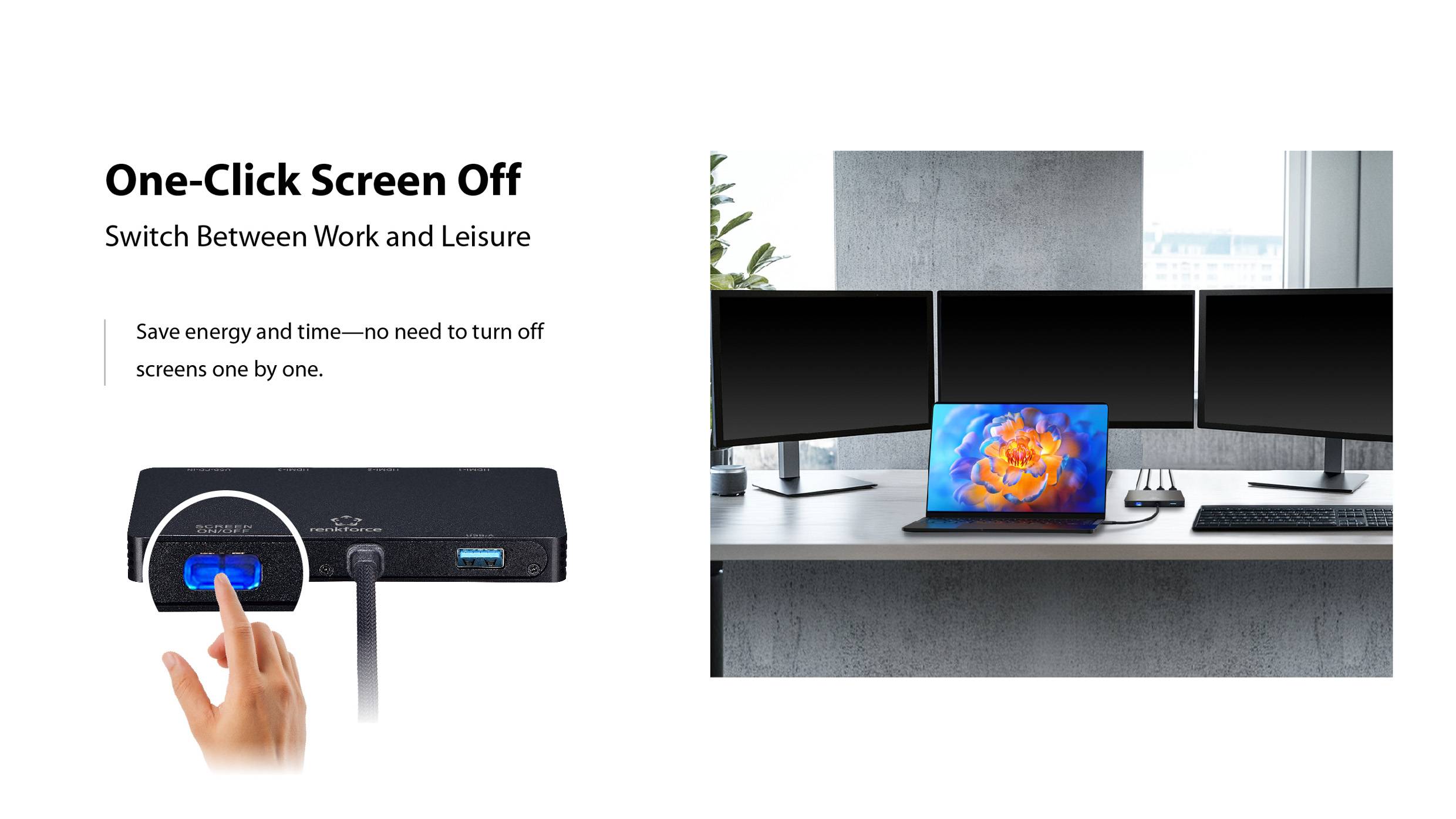 'One-Click Screen Off' Gerät, in Betrieb gezeigt, steuert die Stromversorgung mehrerer Monitore und eines Laptops. Bildunterschrift hebt Energieeinsparung und Zeitersparnis hervor.