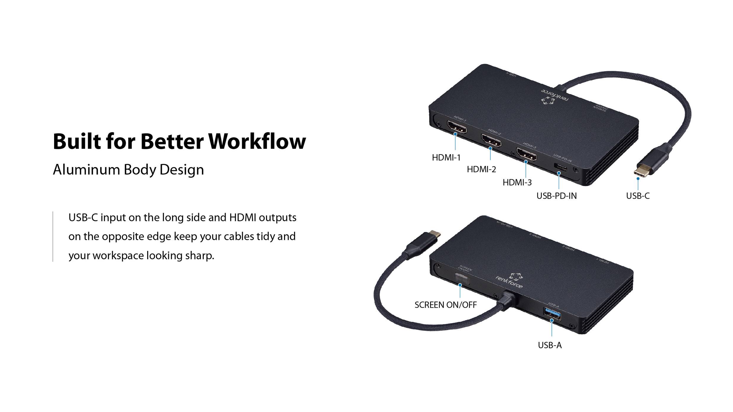 Ein Multi-Port-Hub mit Aluminiumgehäuse, ausgestattet mit HDMI-Anschlüssen, USB-A, USB-C-Eingang und einer 'Bildschirm Ein/Aus'-Taste.