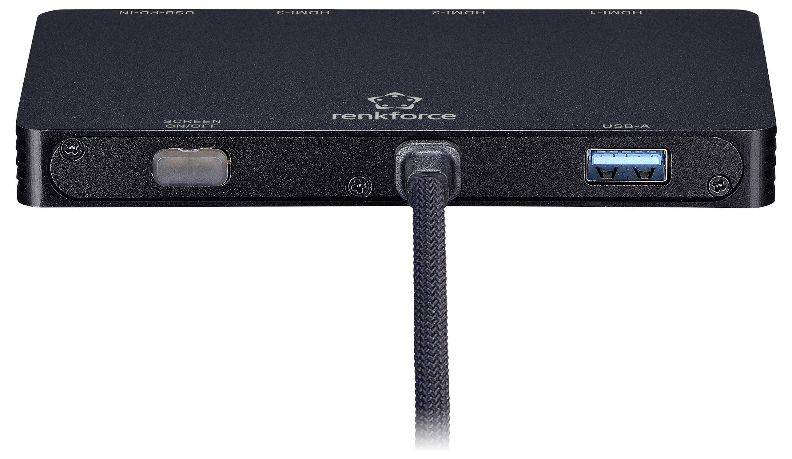 Ein schlanker schwarzer Hub mit einem USB-A-Anschluss und einem Kabel, das von der Vorderseite herausragt. Die Markenbezeichnung „renkforce