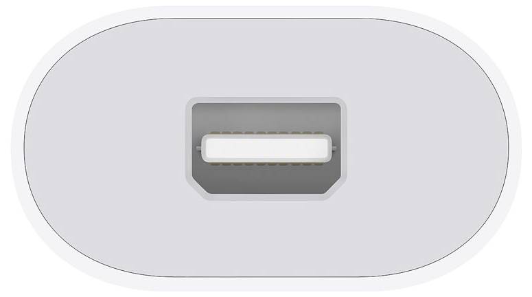 Ein ovaler Anschluss, vermutlich USB-C, von oben betrachtet, mit grauem Rand und einem rechteckigen, weißen Innenbereich.