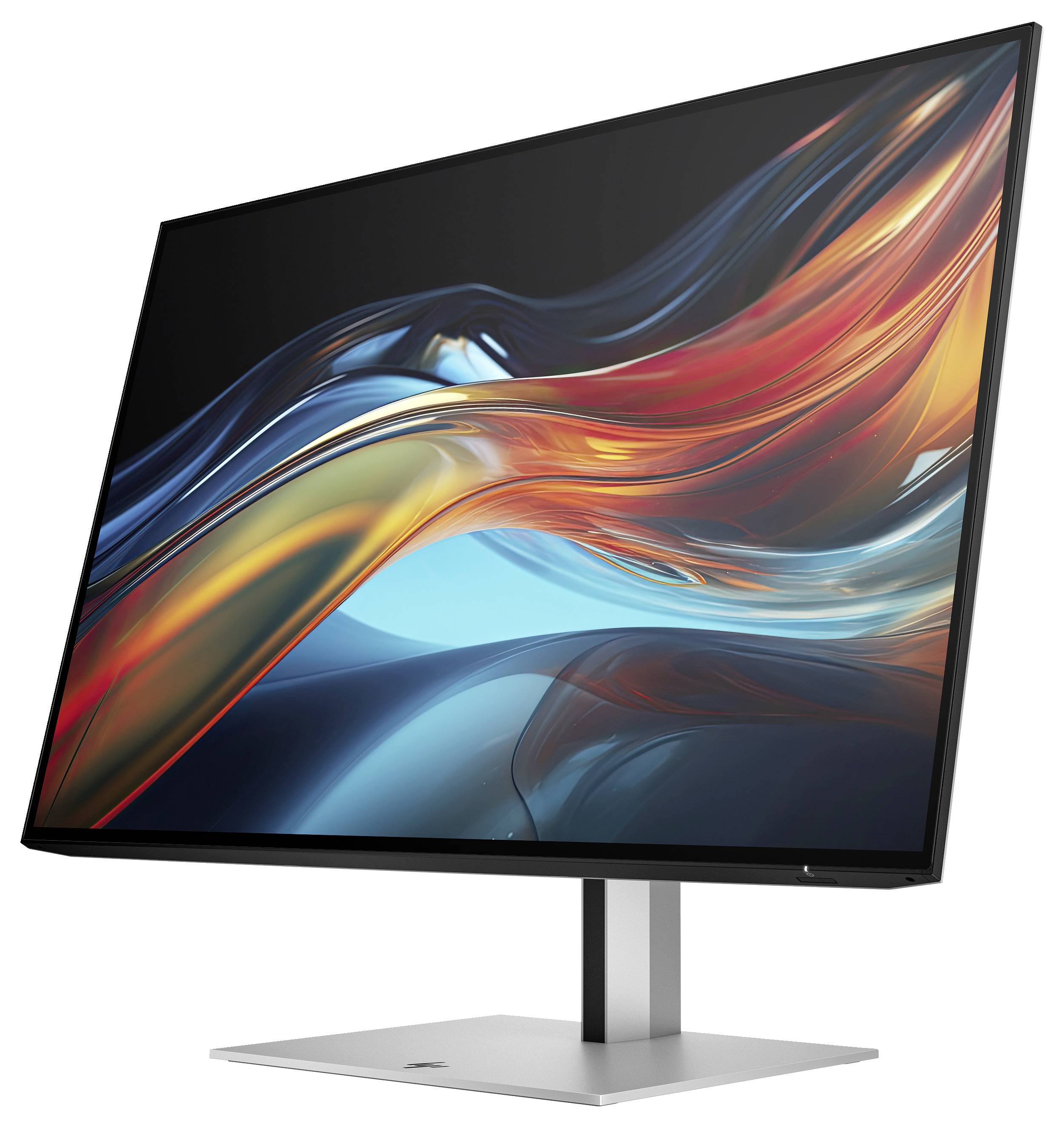 Ein moderner Computer-Monitor mit schlankem Design zeigt ein abstraktes, farbenfrohes Kunstwerk auf dem Bildschirm.