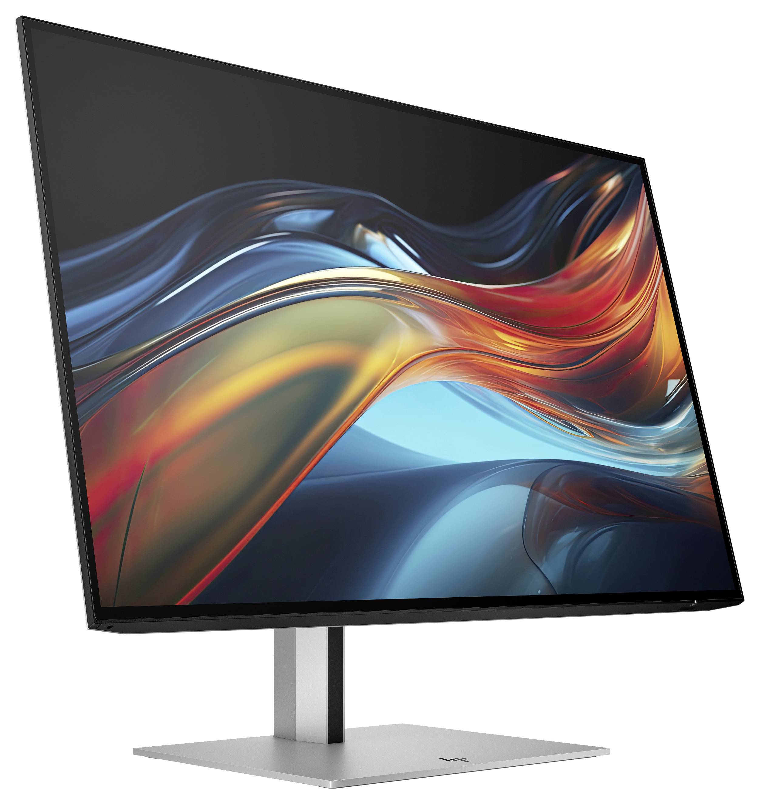 Ein moderner Computermonitor mit einem schlanken Rahmen zeigt ein abstraktes, farbenfrohes Hintergrundbild mit geschwungenen Linien.