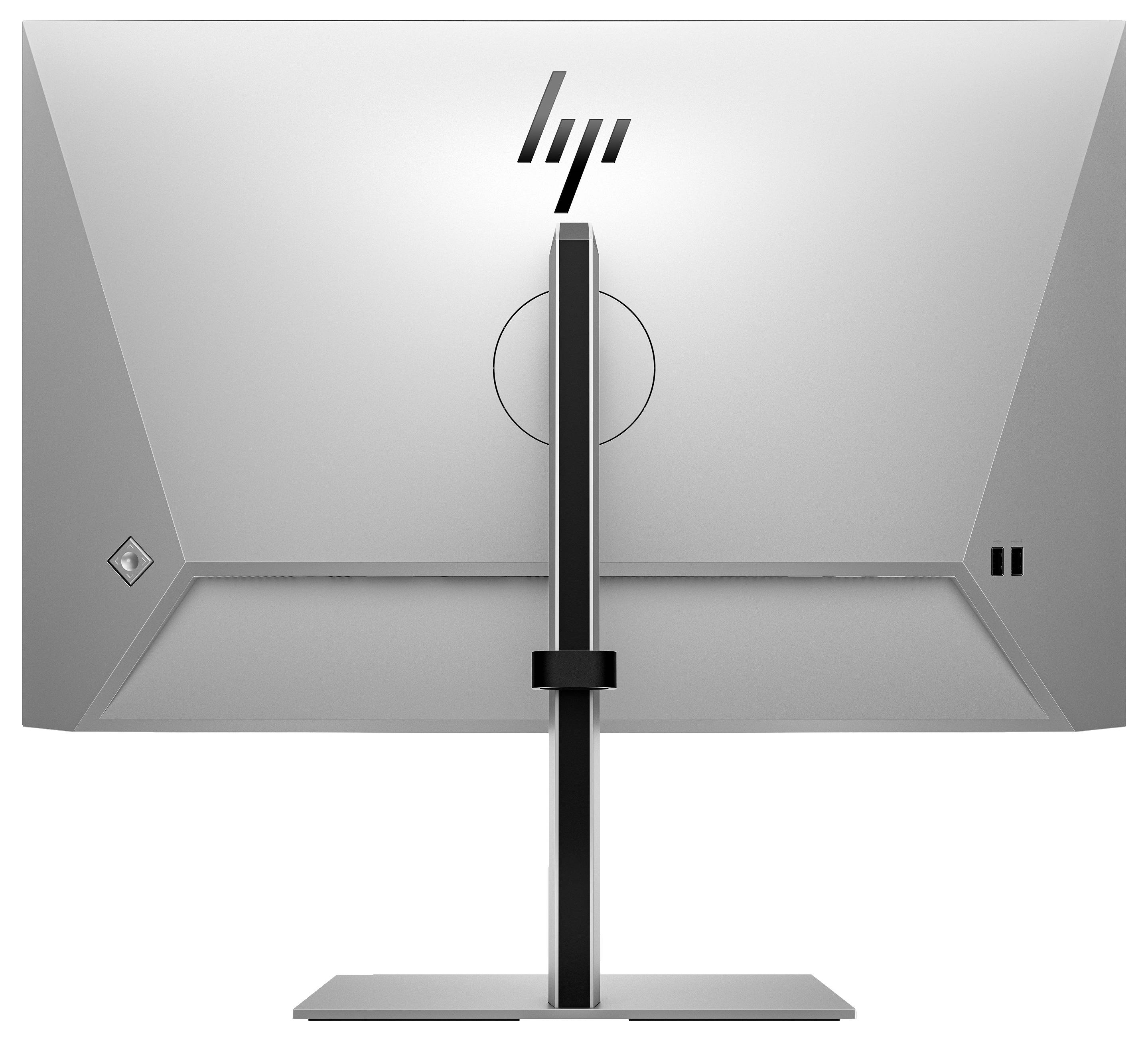 Ein silberner Computermonitor, Rückansicht, mit einem schlichten Standfuß. Zeigt Markenlogo oben in der Mitte.