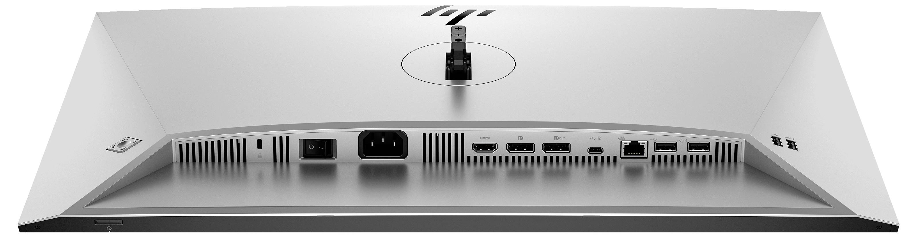 Rückseite eines Computerbildschirms mit verschiedenen Anschlüssen: Strom, HDMI, DisplayPort, USB. modernes Design, zentrale Standfußöffnung.